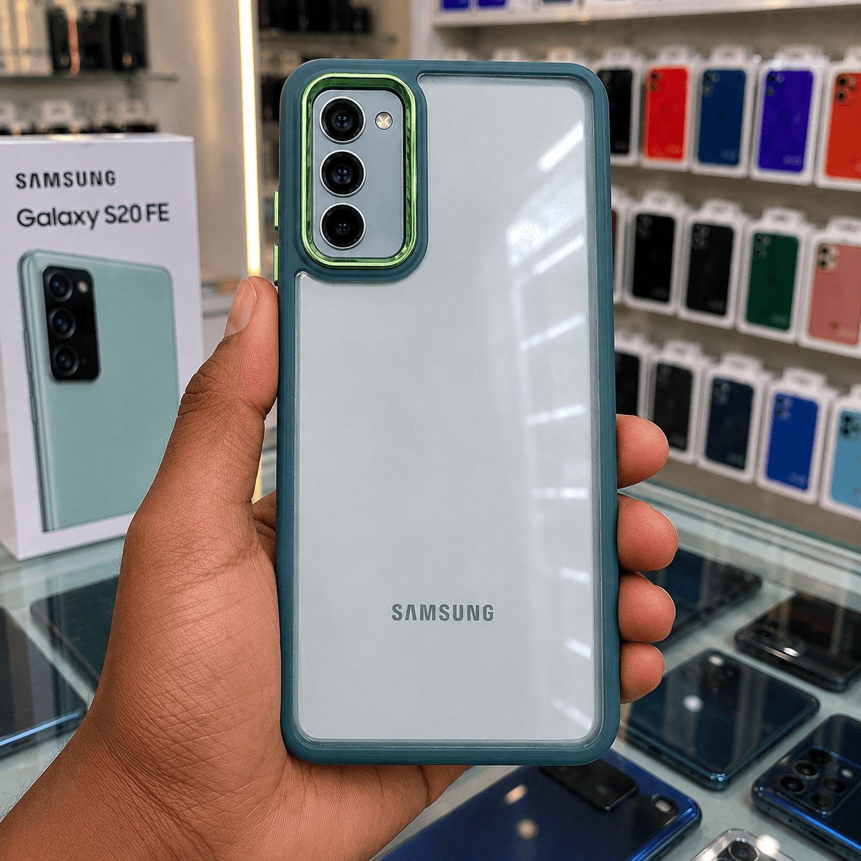 Electroplating Camera Frame Cell Phone Case for Samsung S20 FE Back Cover Dark Green Onezeros.in