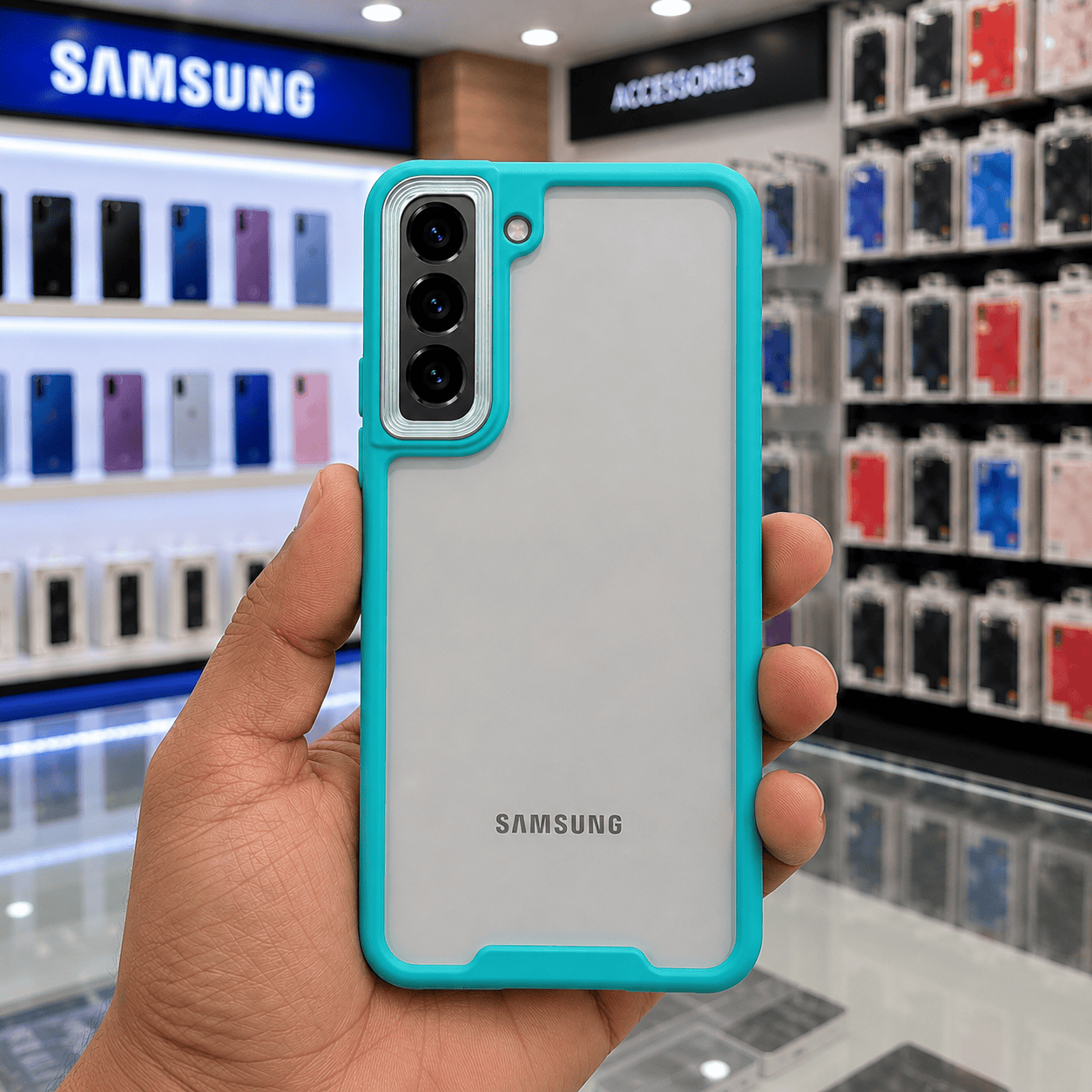 Electroplating Camera Frame Cell Phone Case for Samsung S22 Back Cover Mint Green Onezeros.in