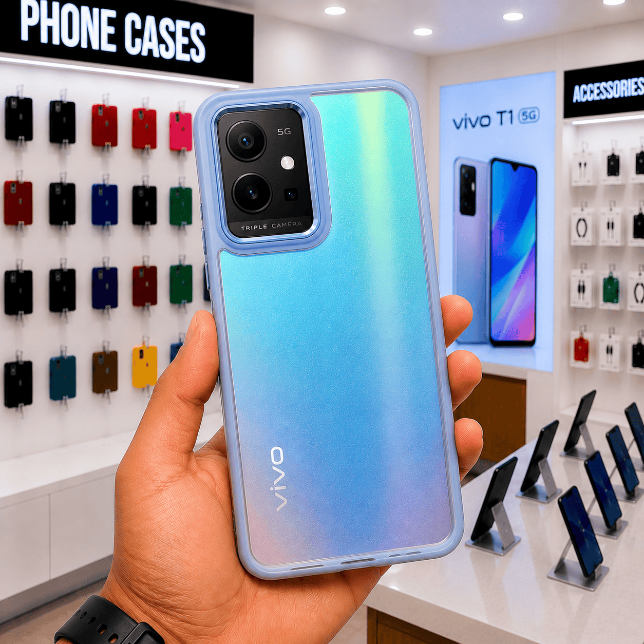 Electroplating Camera Frame Cell Phone Case for Vivo T1 5G Back Cover Cyan Onezeros.in