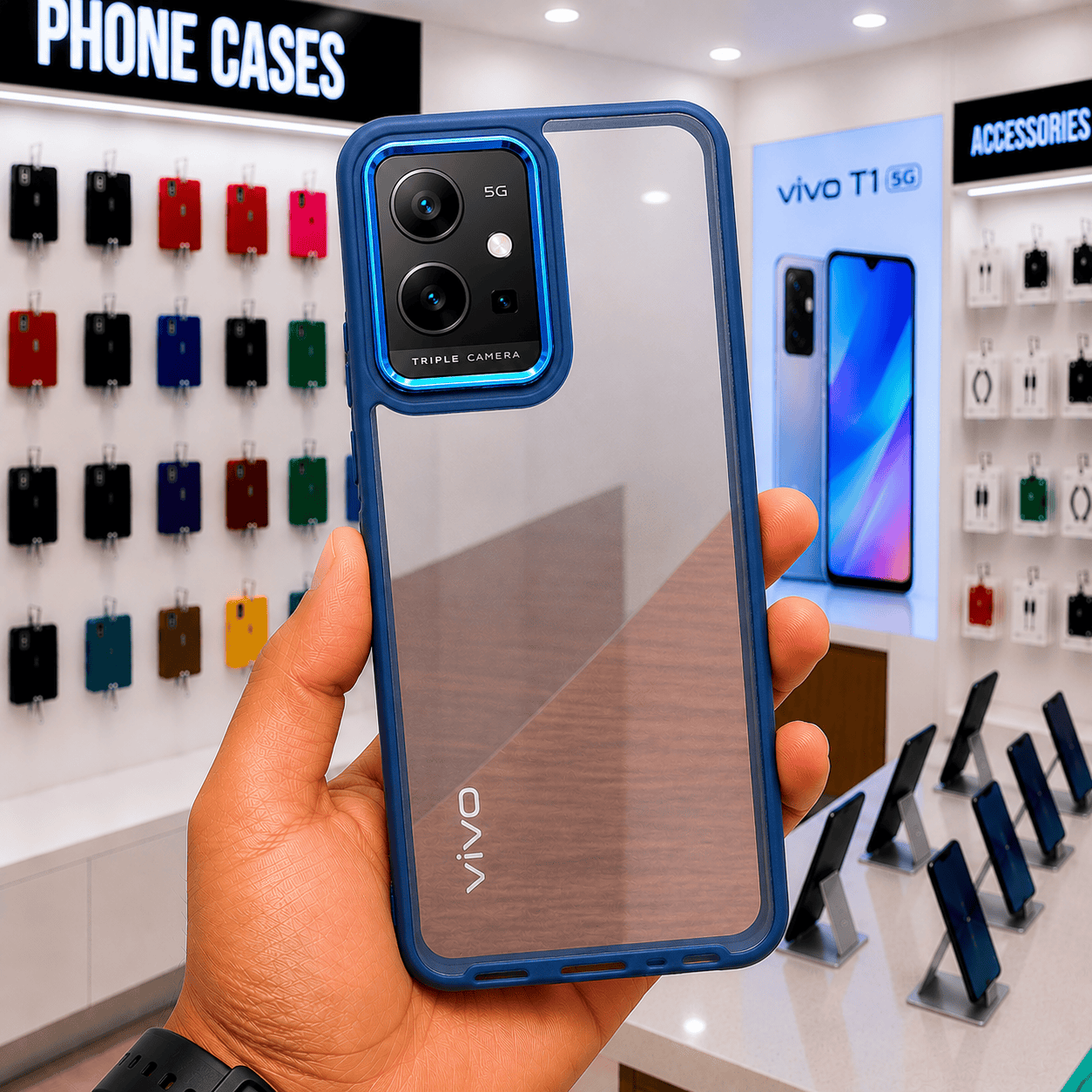 Electroplating Camera Frame Cell Phone Case for Vivo T1 5G Back Cover Blue Onezeros.in