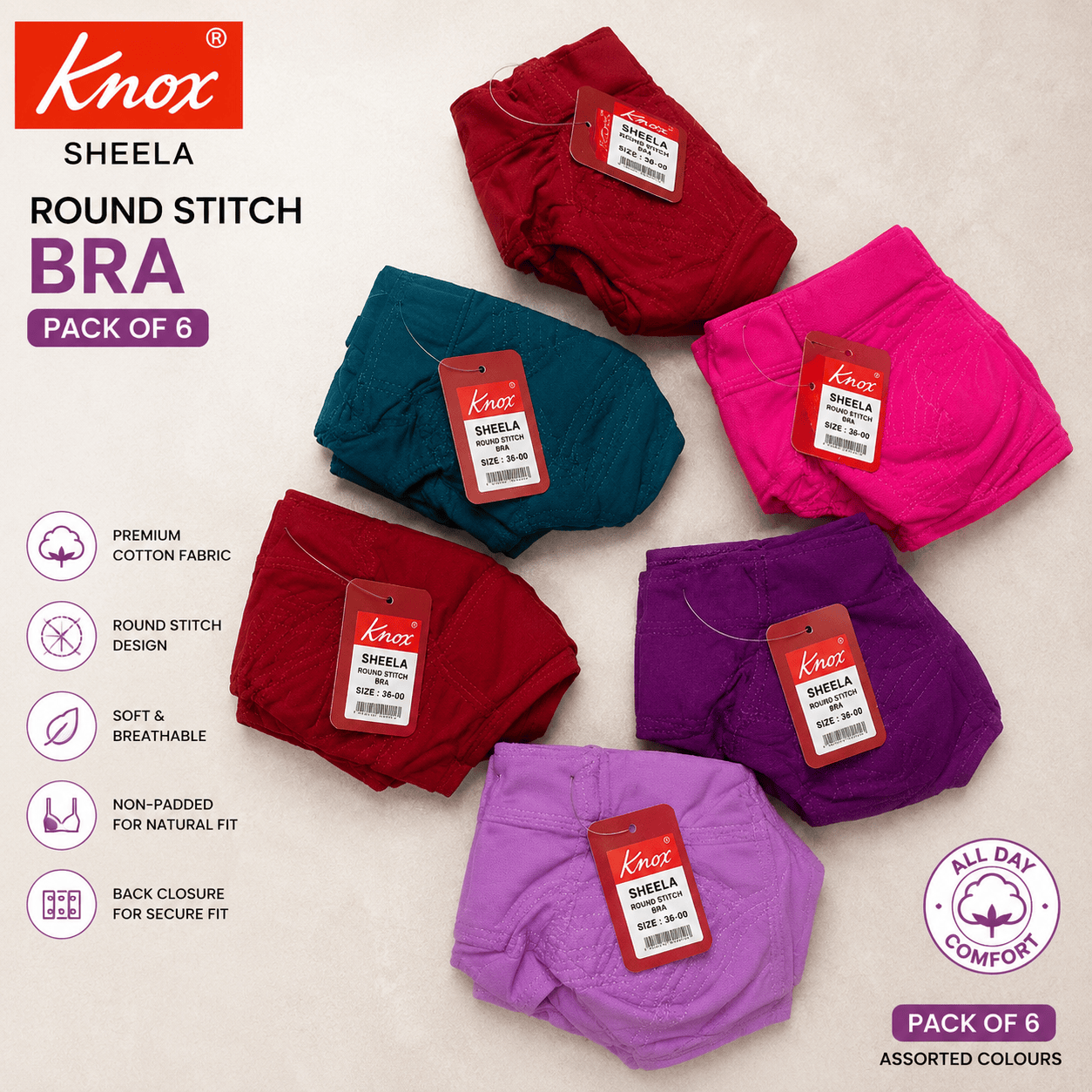 Knox Cotton Round Stitch Bra (Pack of 6) | Soft Non-Padded Cotton Bra for Women Onezeros.in