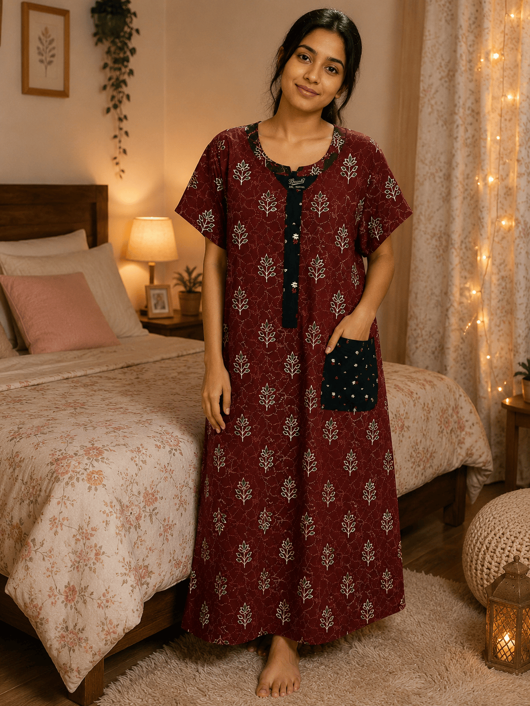 Kofta Brown Ruby Leaf Pattern Nighty 2XL Onezeros.in