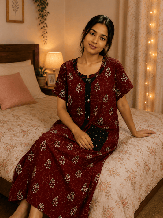 Kofta Brown Ruby Leaf Pattern Nighty 2XL Onezeros.in