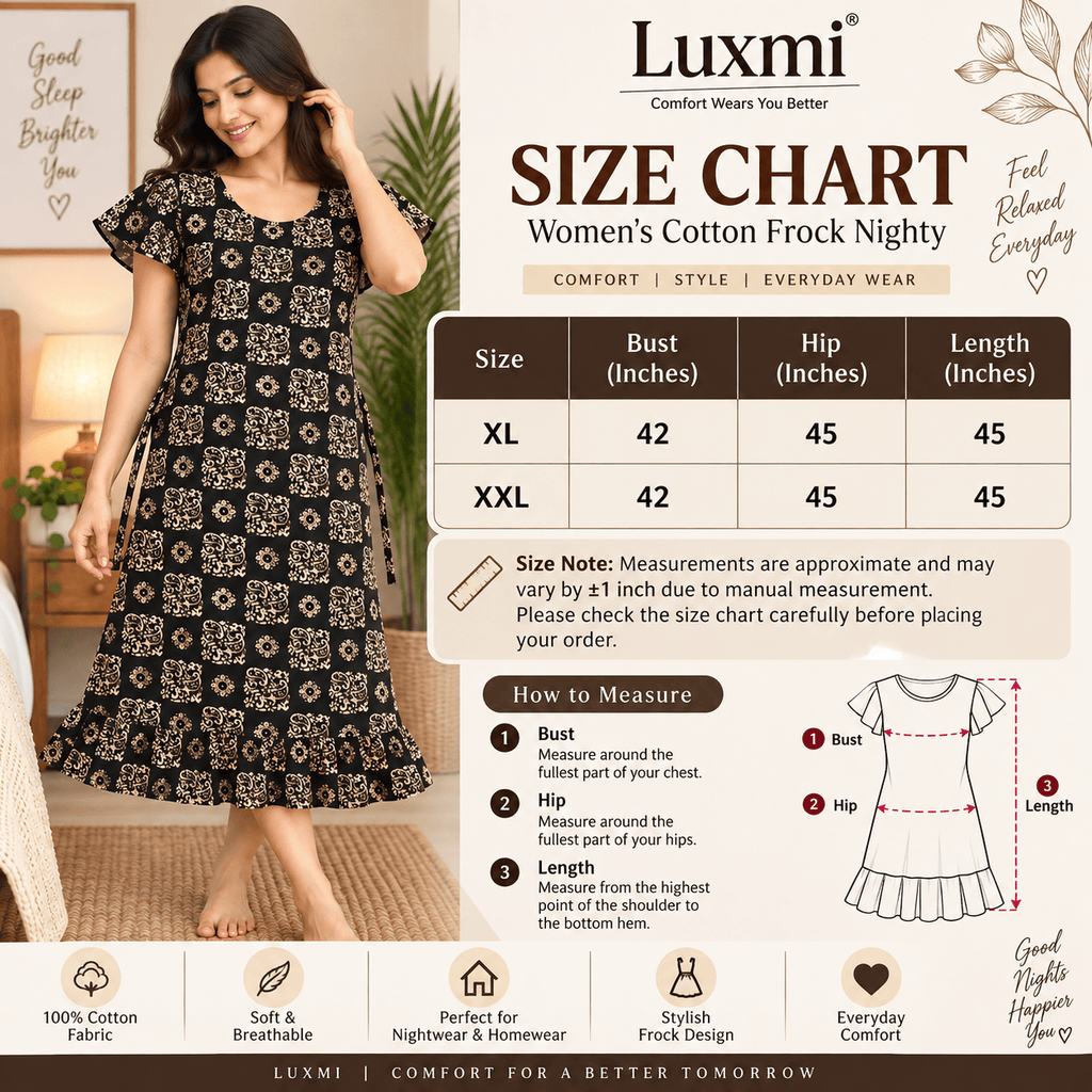 Luxmi Cotton Frock Nighty for Women – Black Printed Mid-Length Nightwear XXL OneZeros