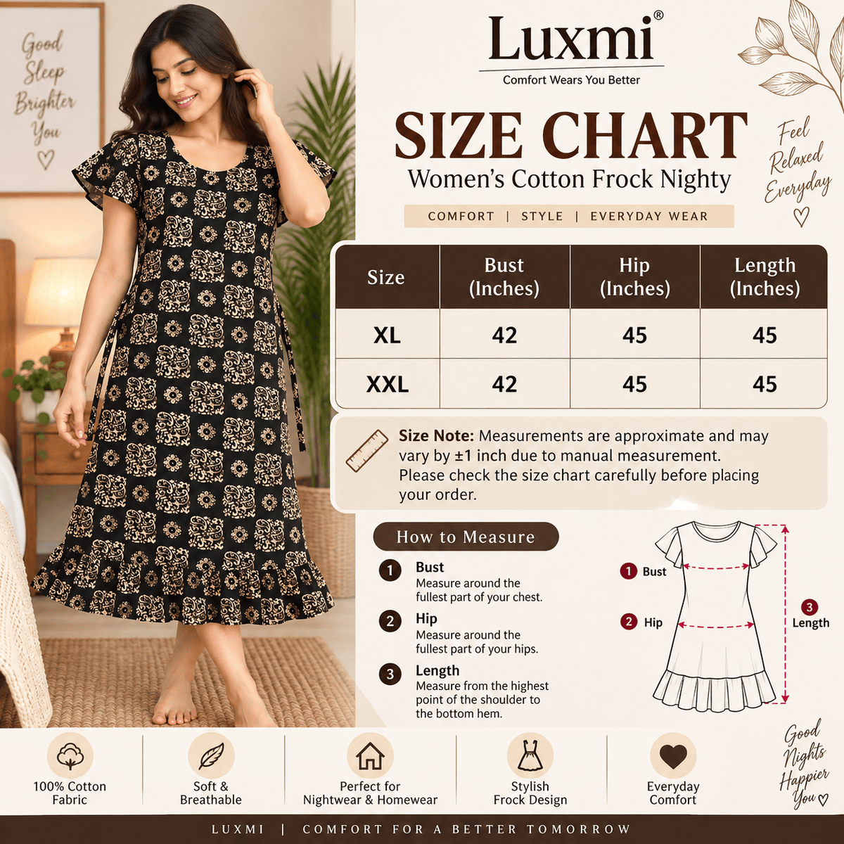 Luxmi Cotton Frock Nighty for Women – Black Printed Mid-Length Nightwear XXL OneZeros