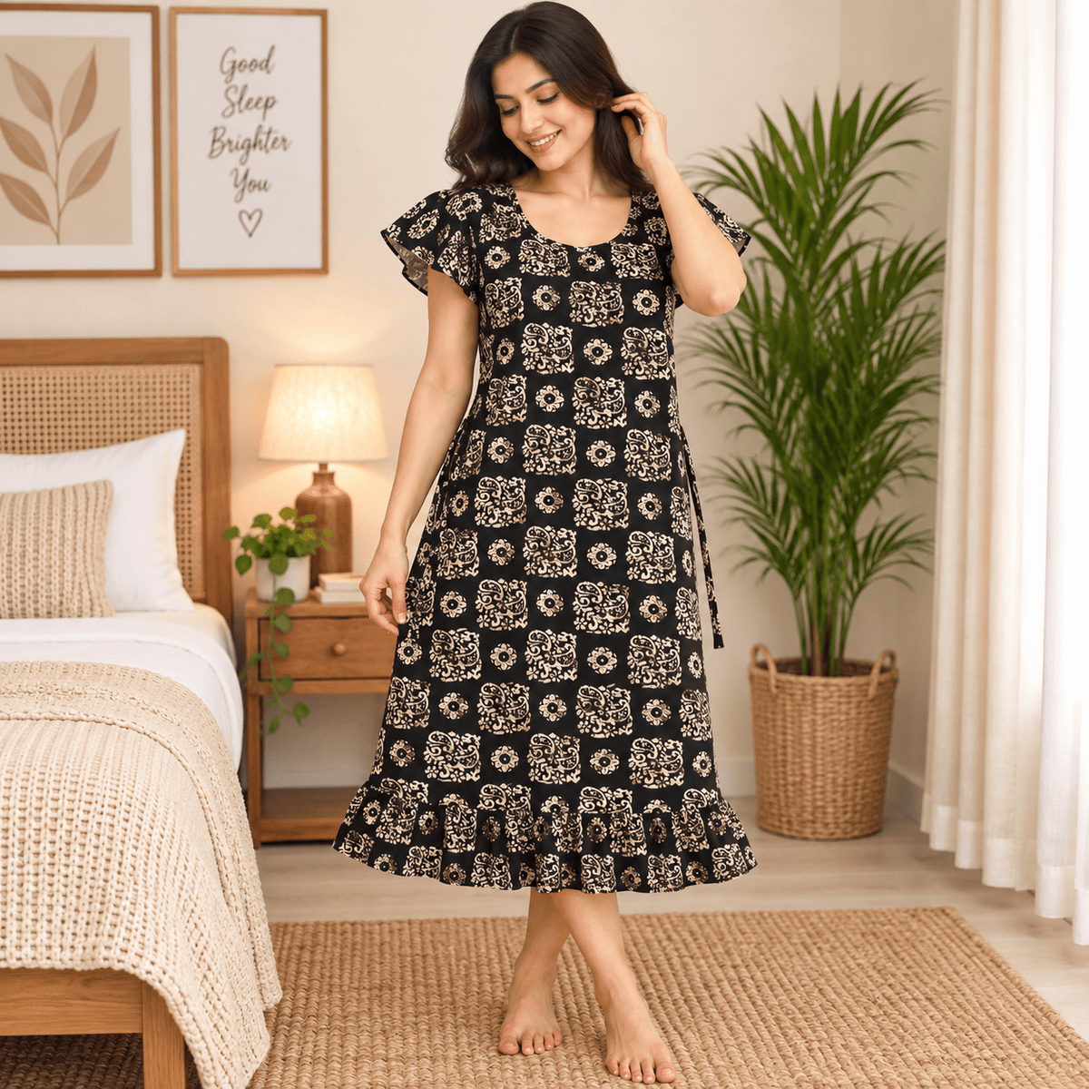 Luxmi Cotton Frock Nighty for Women – Black Printed Mid-Length Nightwear XXL OneZeros