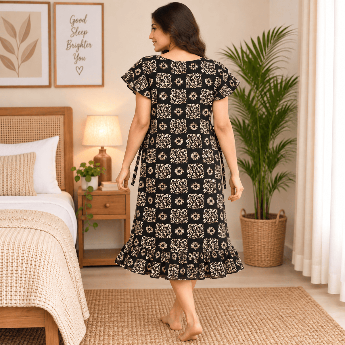 Luxmi Cotton Frock Nighty for Women – Black Printed Mid-Length Nightwear XXL OneZeros