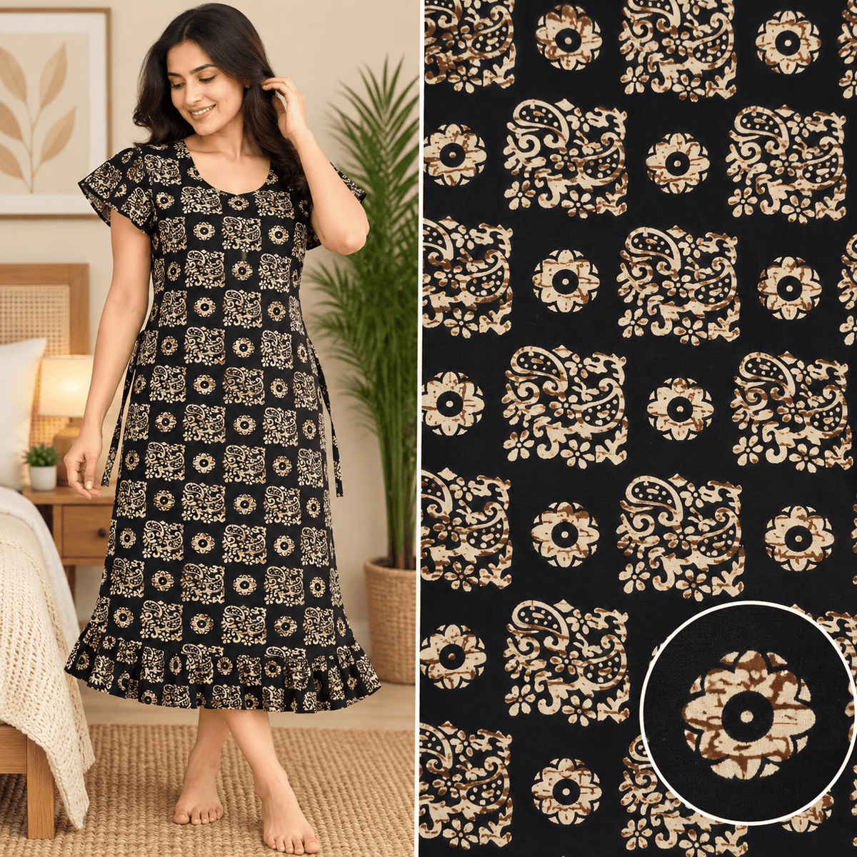 Luxmi Cotton Frock Nighty for Women – Black Printed Mid-Length Nightwear XXL OneZeros
