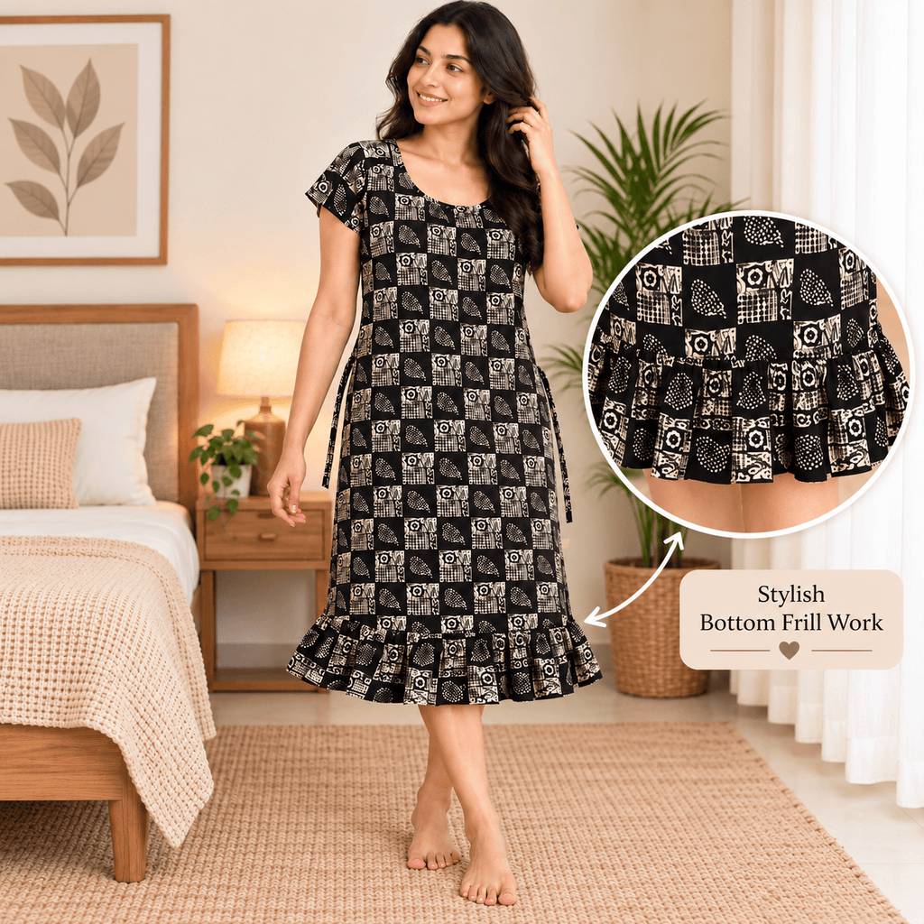 Luxmi Cotton Frock Nighty for Women – Printed Mid-Length Nightwear with Frill XXL OneZeros