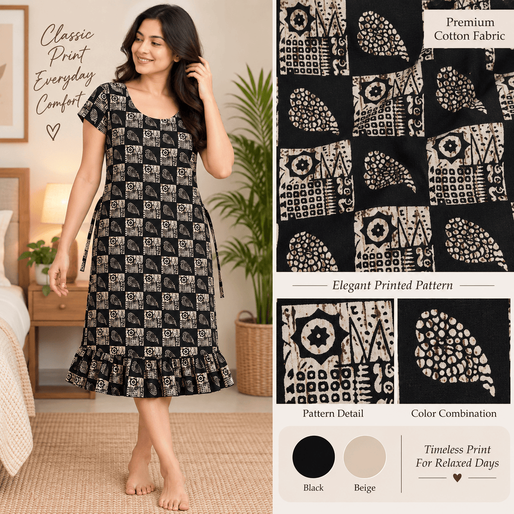 Luxmi Cotton Frock Nighty for Women – Printed Mid-Length Nightwear with Frill XXL OneZeros
