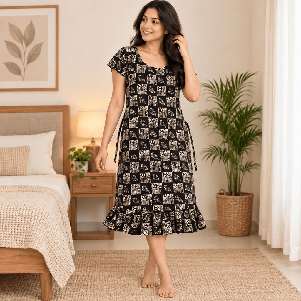 Luxmi Cotton Frock Nighty for Women – Printed Mid-Length Nightwear with Frill XXL OneZeros