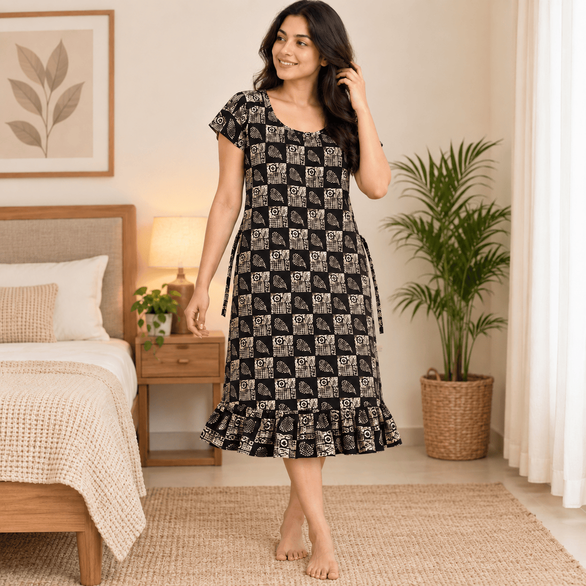 Luxmi Cotton Frock Nighty for Women – Printed Mid-Length Nightwear with Frill XXL OneZeros