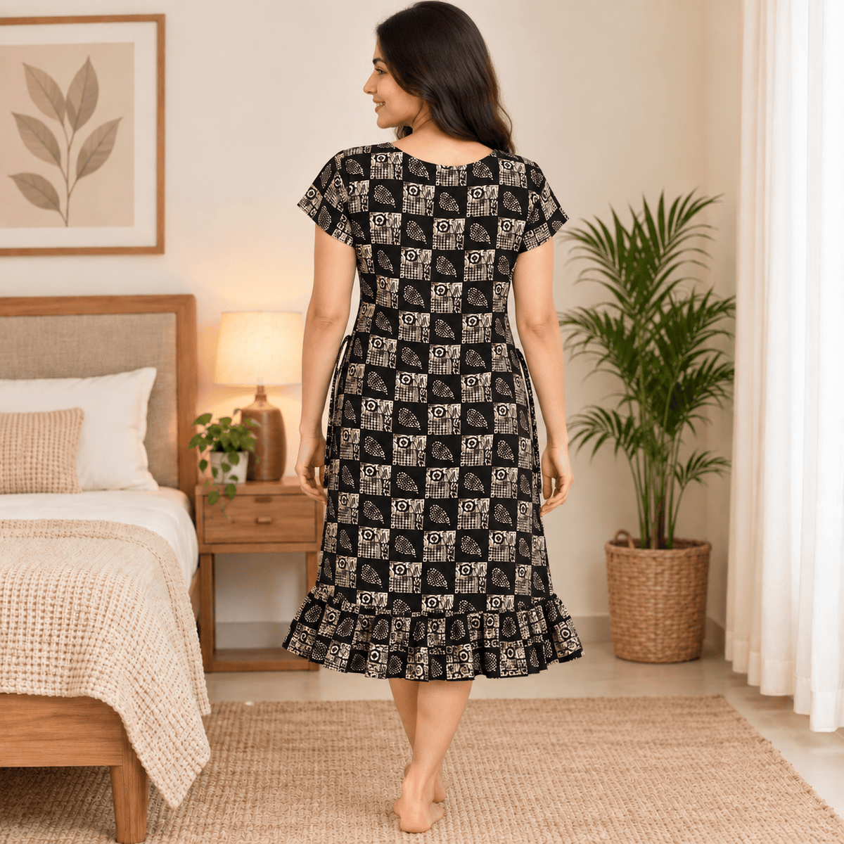 Luxmi Cotton Frock Nighty for Women – Printed Mid-Length Nightwear with Frill XXL OneZeros
