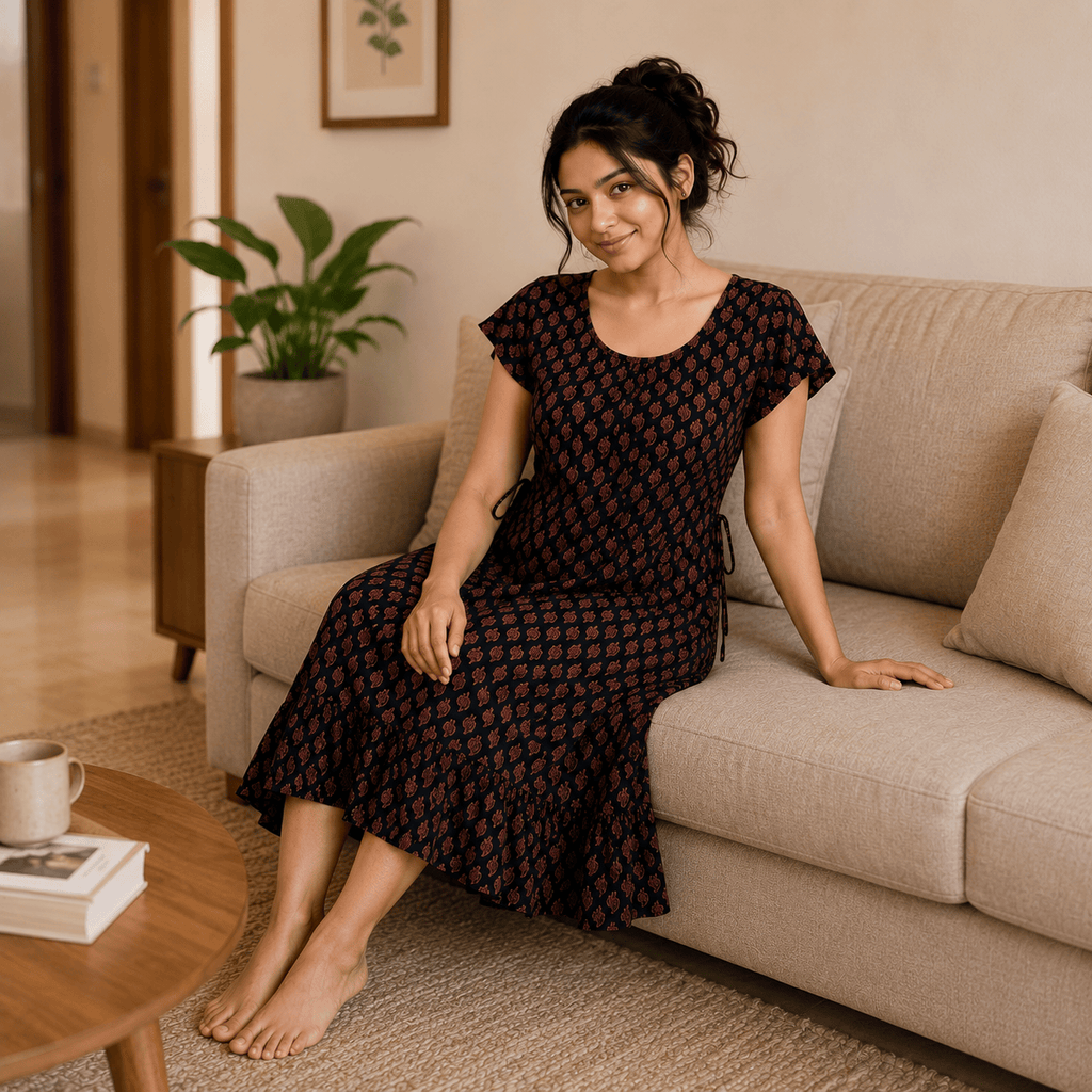 Luxmi Cotton Frock Nighty with Adjustable Rope – Printed Mid-Length Nightwear XXL OneZeros