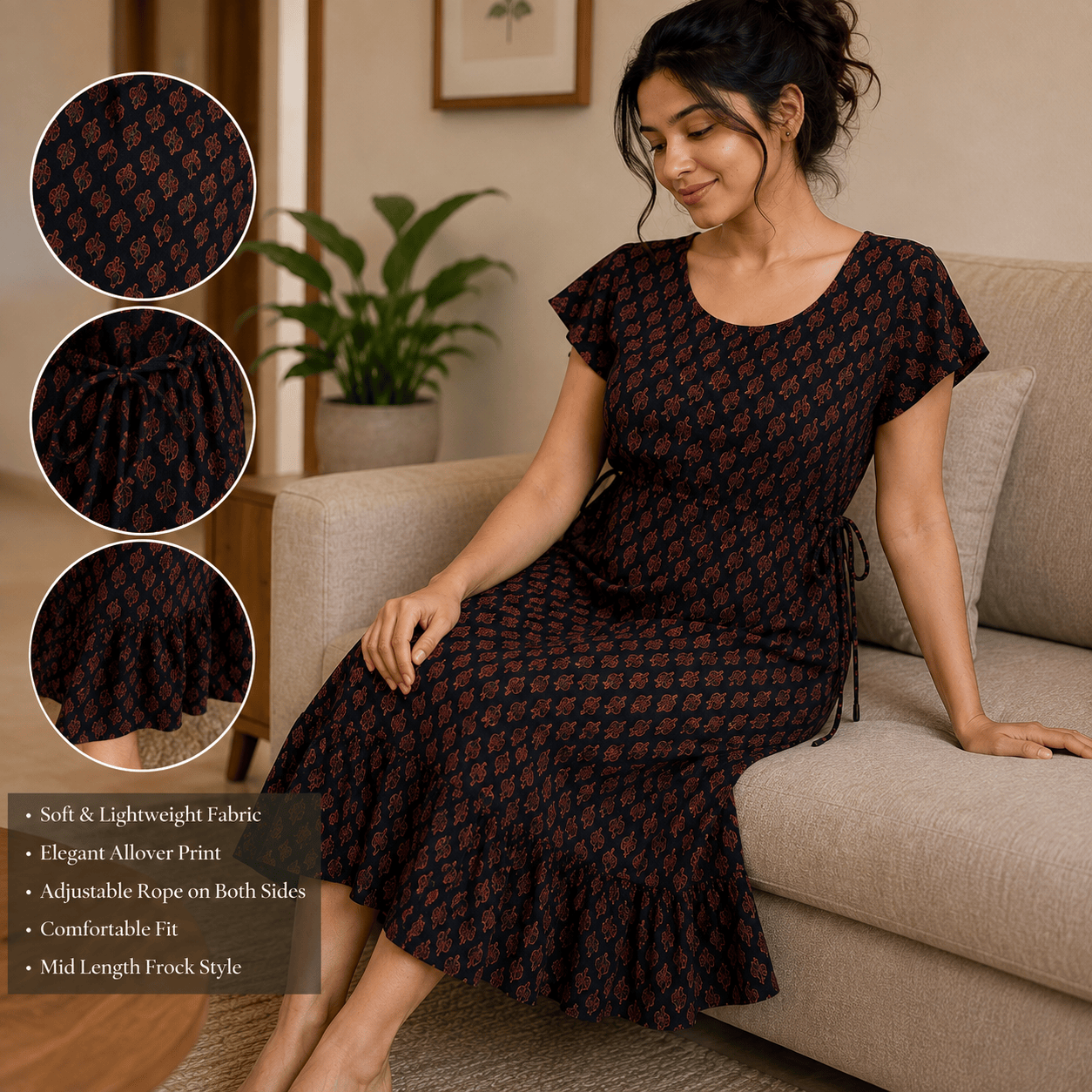 Luxmi Cotton Frock Nighty with Adjustable Rope – Printed Mid-Length Nightwear XXL OneZeros