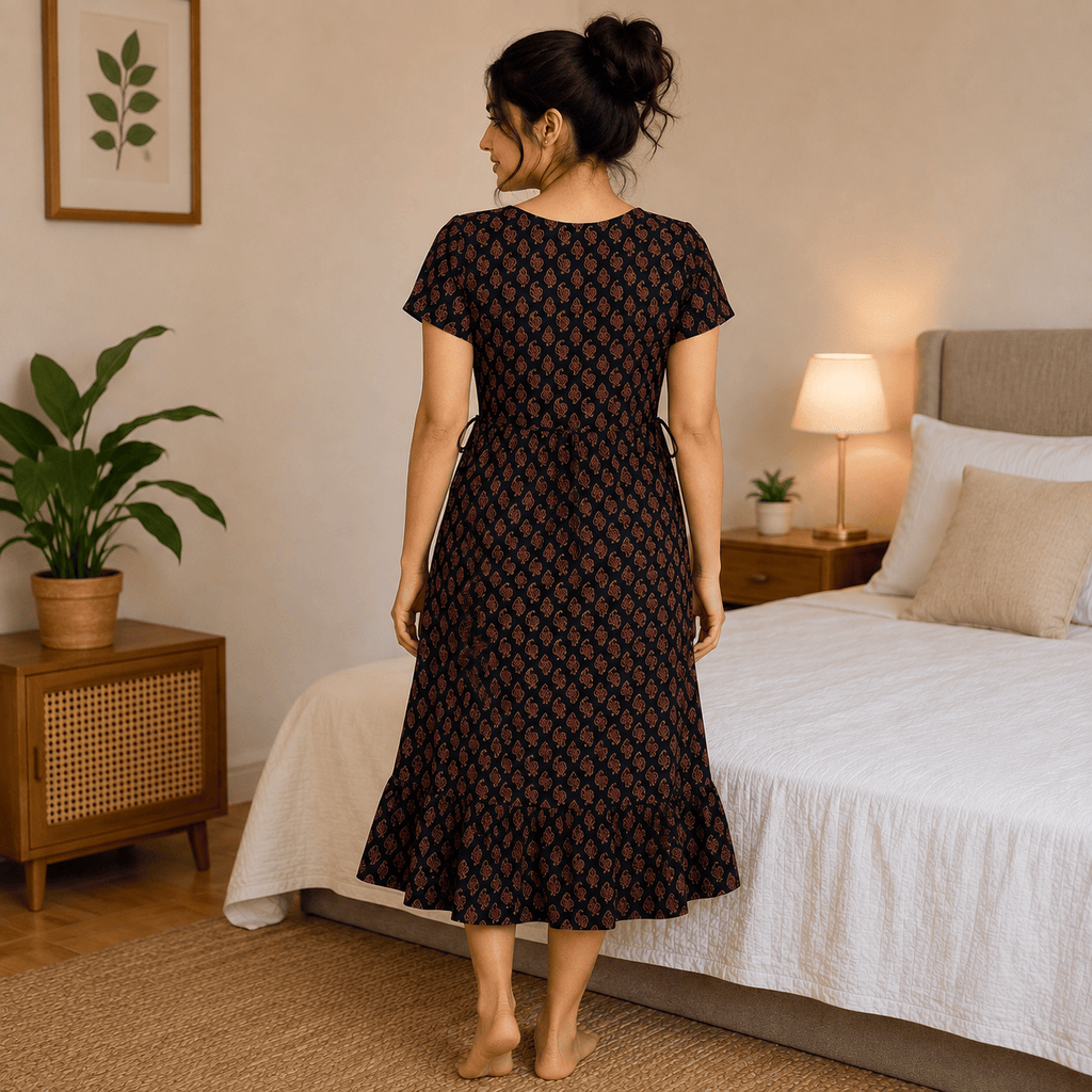 Luxmi Cotton Frock Nighty with Adjustable Rope – Printed Mid-Length Nightwear XXL OneZeros