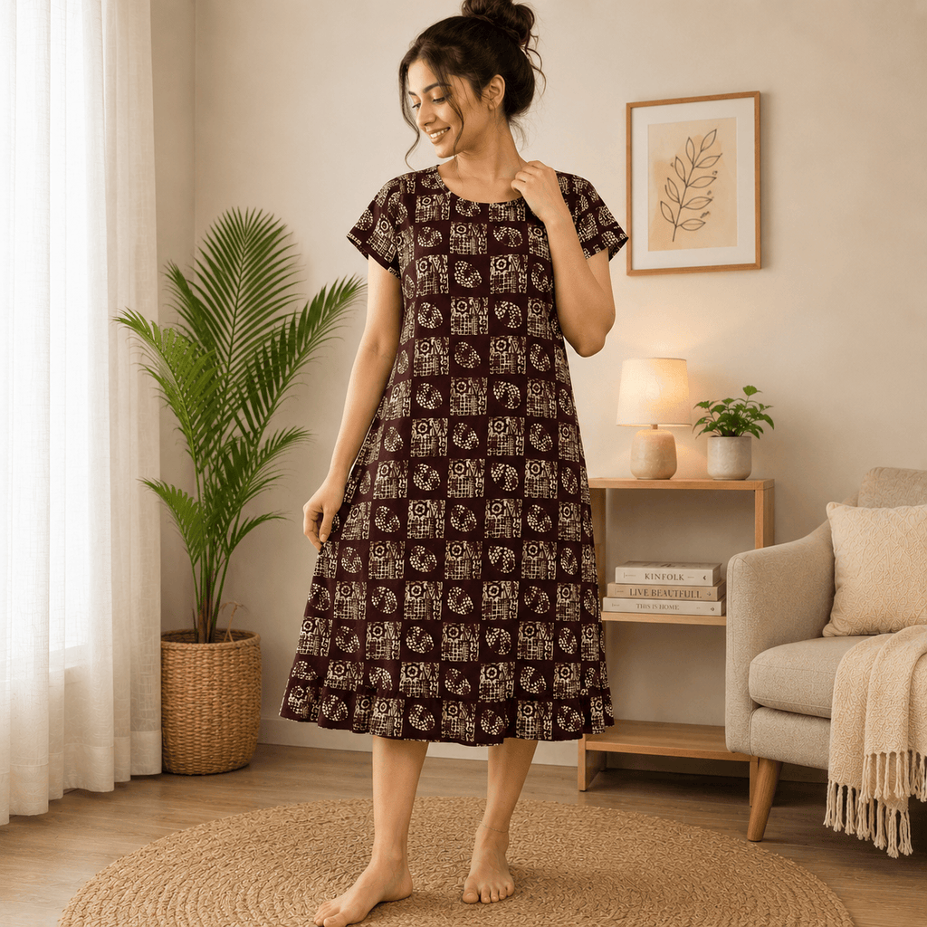 Luxmi Cotton Mid-Length Frock Nighty for Women – Comfortable Printed Nightwear XXL OneZeros