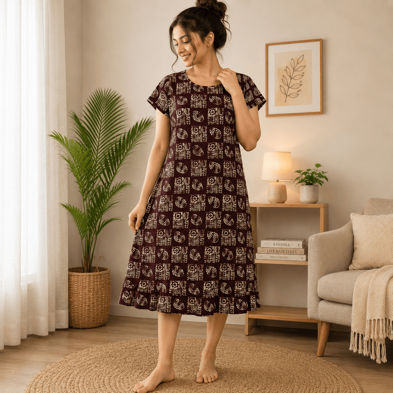 Luxmi Cotton Mid-Length Frock Nighty for Women – Comfortable Printed Nightwear XXL OneZeros