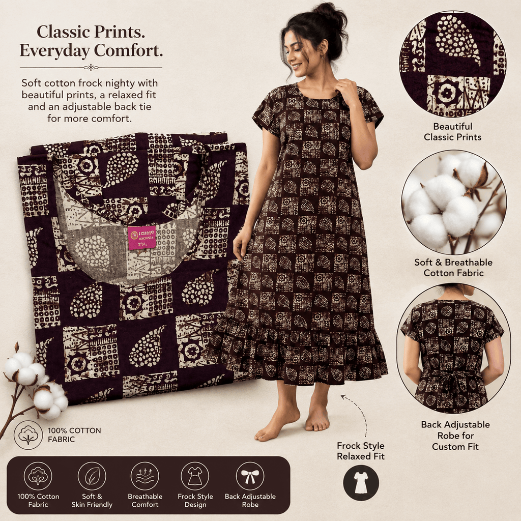 Luxmi Cotton Mid-Length Frock Nighty for Women – Comfortable Printed Nightwear XXL OneZeros