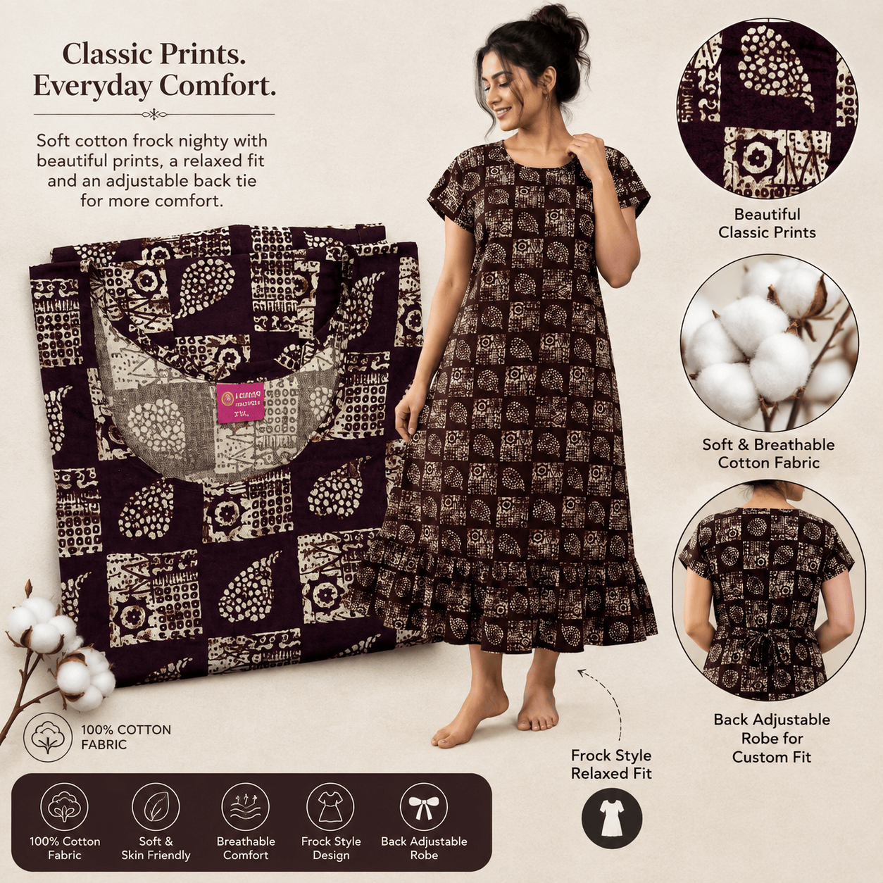 Luxmi Cotton Mid-Length Frock Nighty for Women – Comfortable Printed Nightwear XXL OneZeros