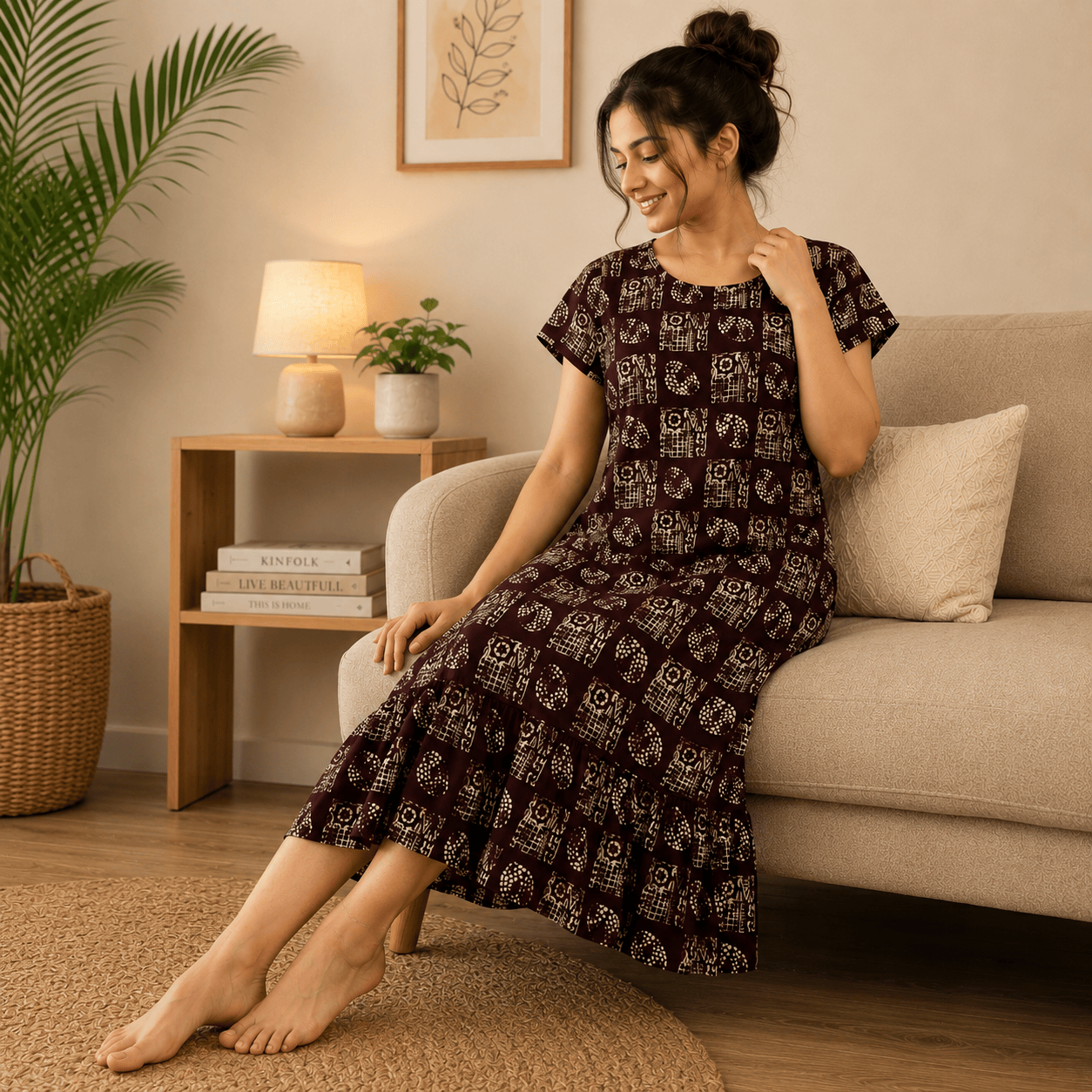 Luxmi Cotton Mid-Length Frock Nighty for Women – Comfortable Printed Nightwear XXL OneZeros