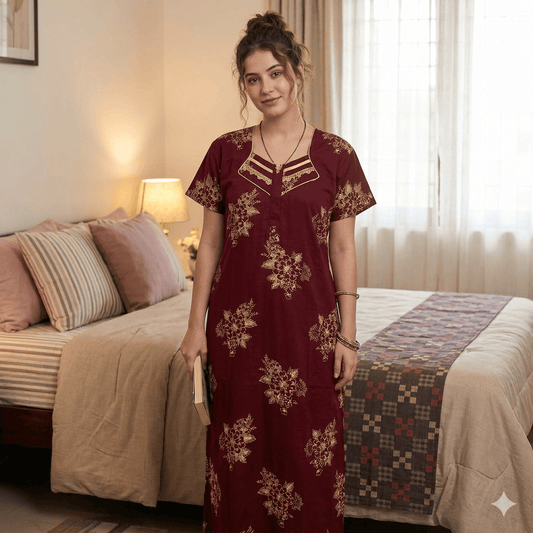 Maroon background yellow floral pattern Nighty Onezeros.in