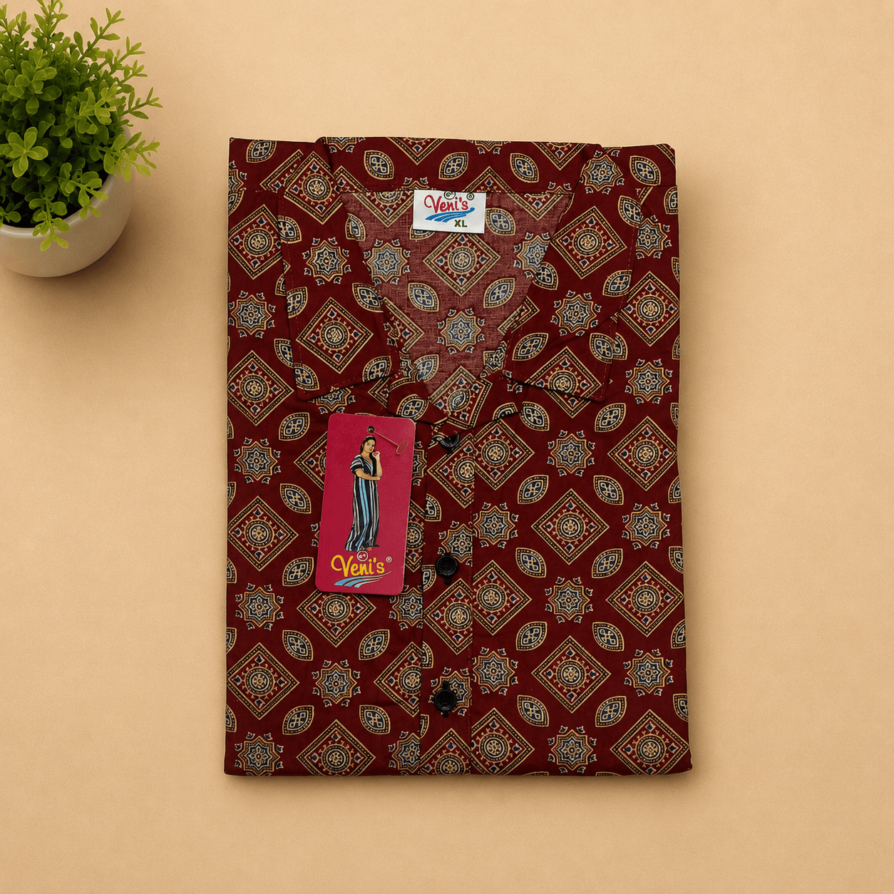 Maroon Printed Collar Neck Cotton Nighty for Women | Soft & Comfortable Daily Wear XL OneZeros