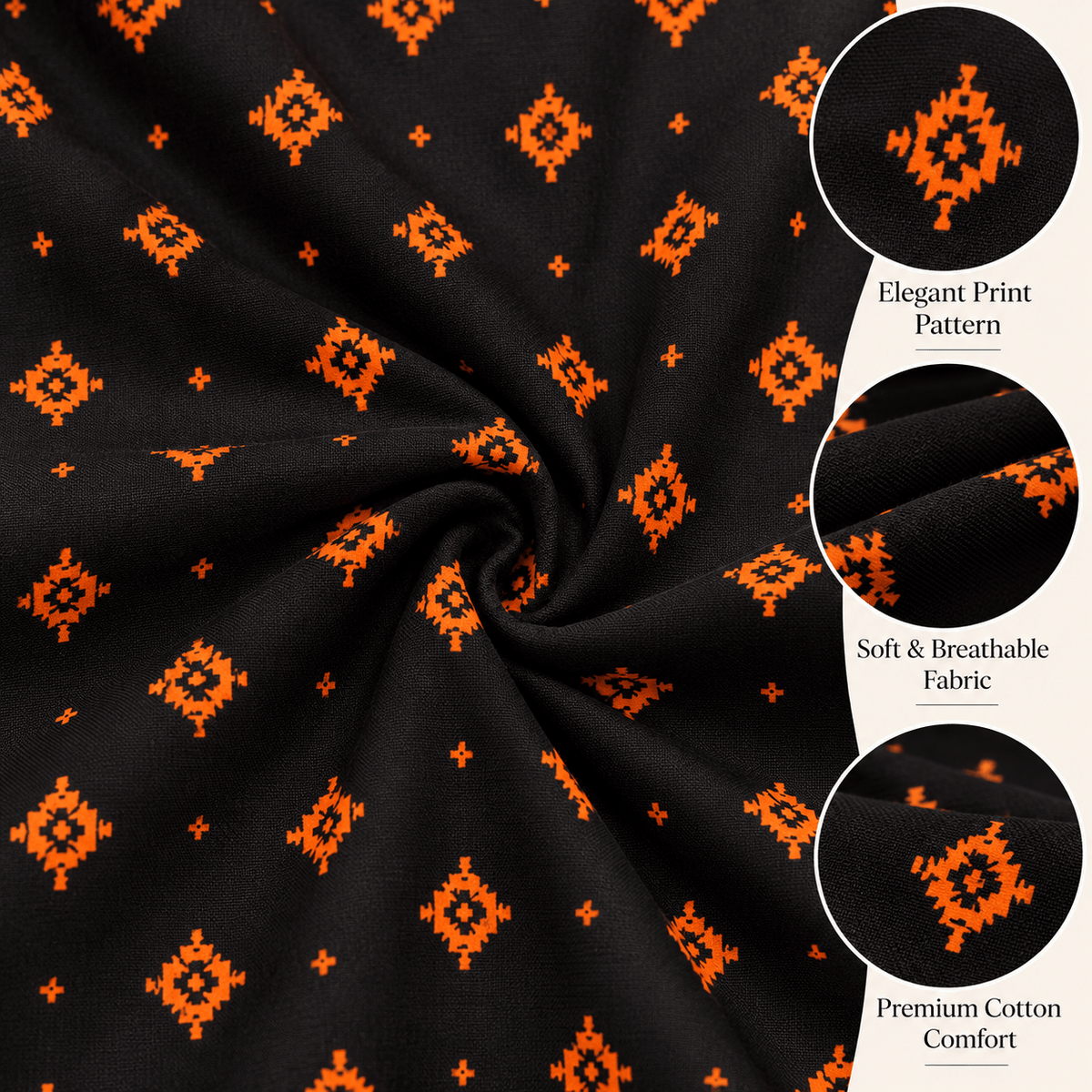 MATHAN Cotton Frock Nighty for Women – Black & Orange Printed Mid-Length Night Dress OneZeros