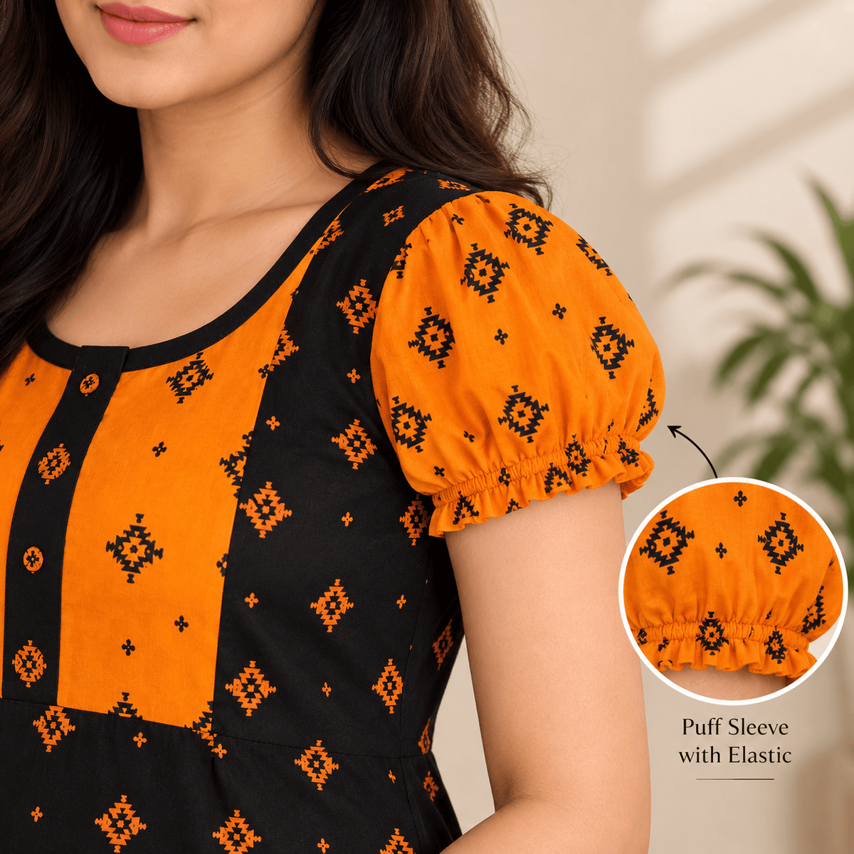 MATHAN Cotton Frock Nighty for Women – Black & Orange Printed Mid-Length Night Dress OneZeros