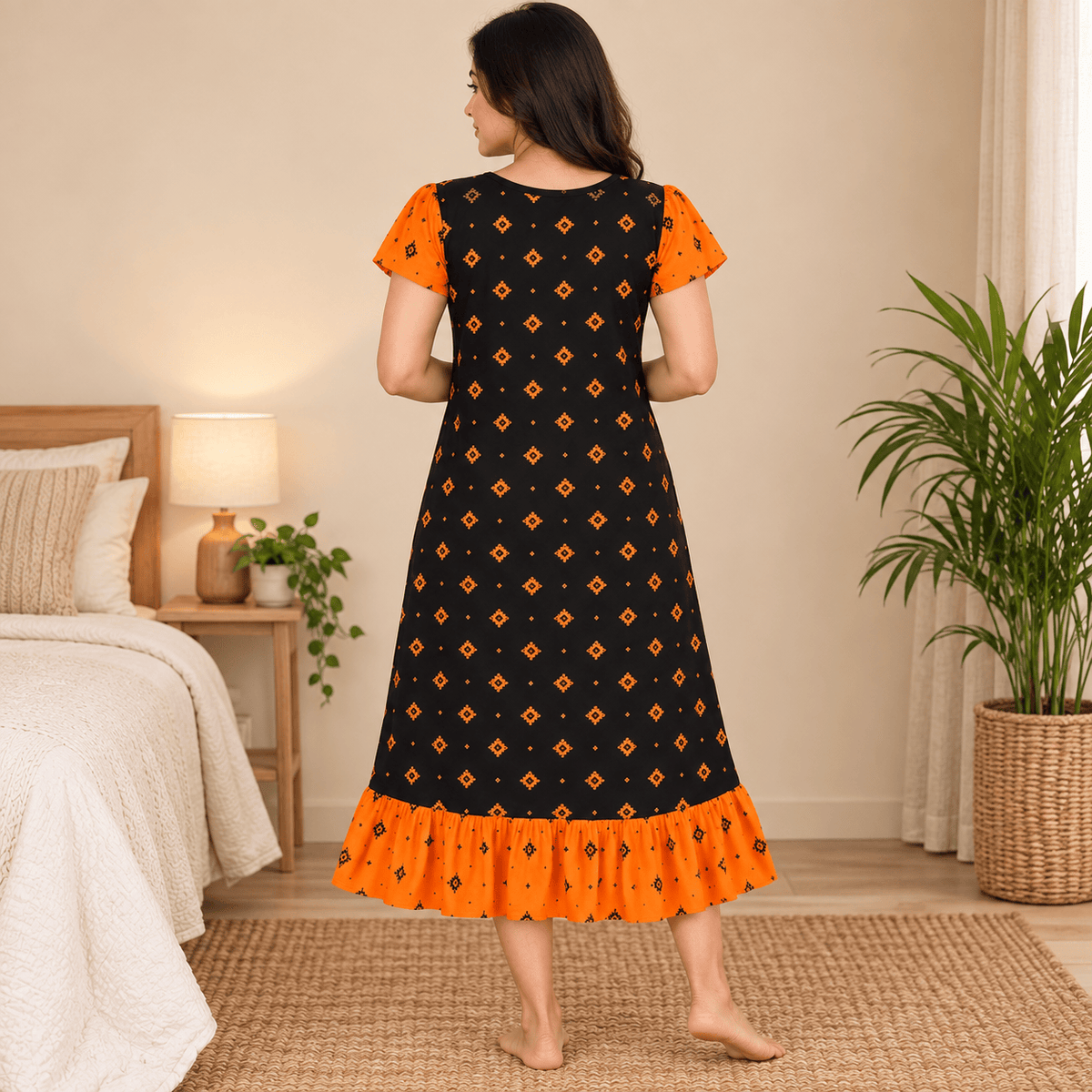 MATHAN Cotton Frock Nighty for Women – Black & Orange Printed Mid-Length Night Dress OneZeros
