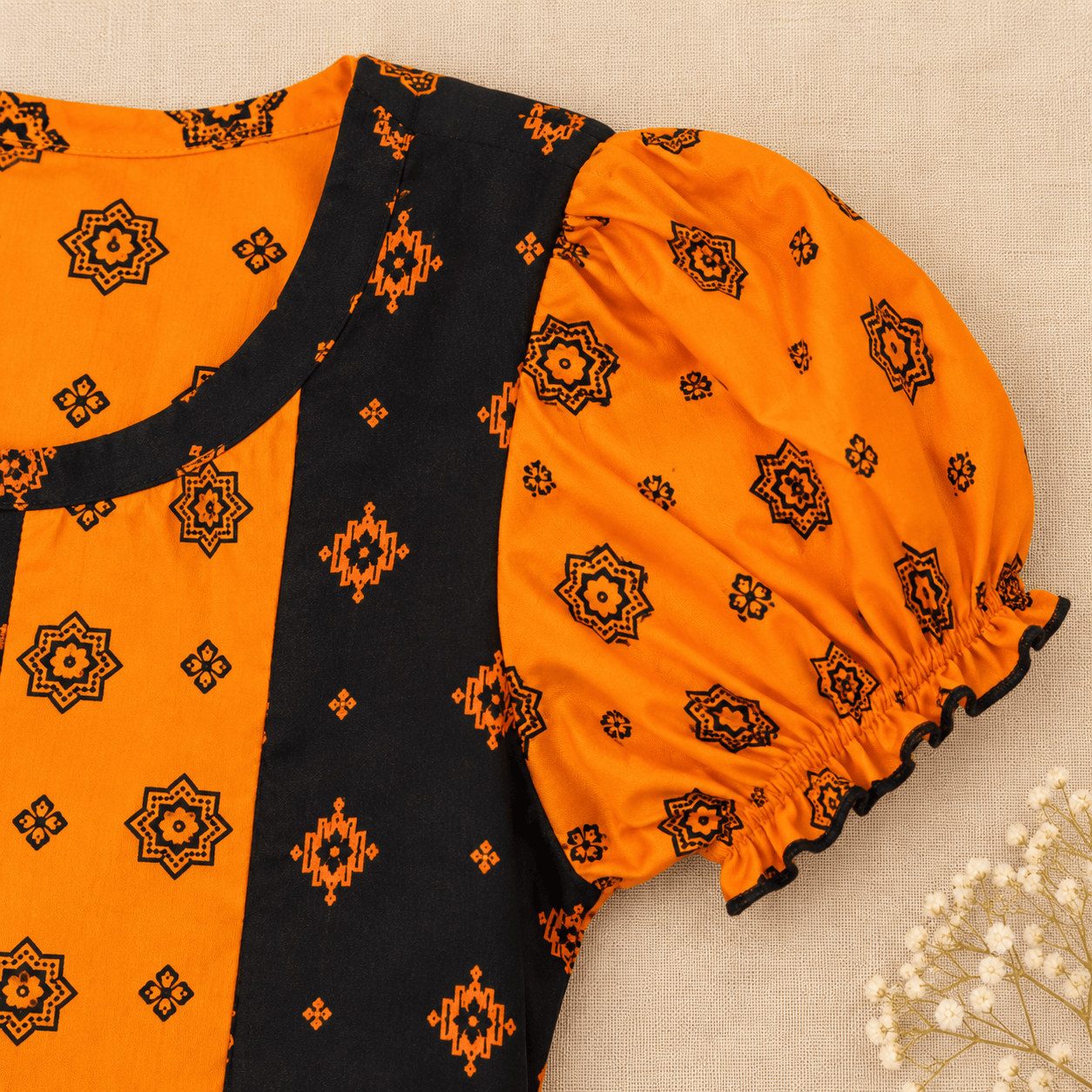MATHAN Cotton Frock Nighty for Women – Black & Orange Printed Mid-Length Nightwear XL OneZeros