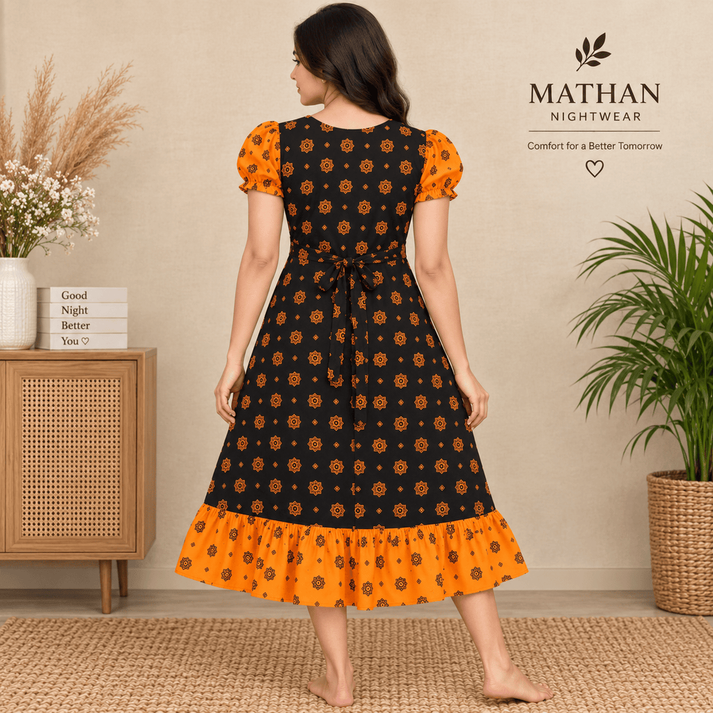 MATHAN Cotton Frock Nighty for Women – Black & Orange Printed Mid-Length Nightwear XL OneZeros