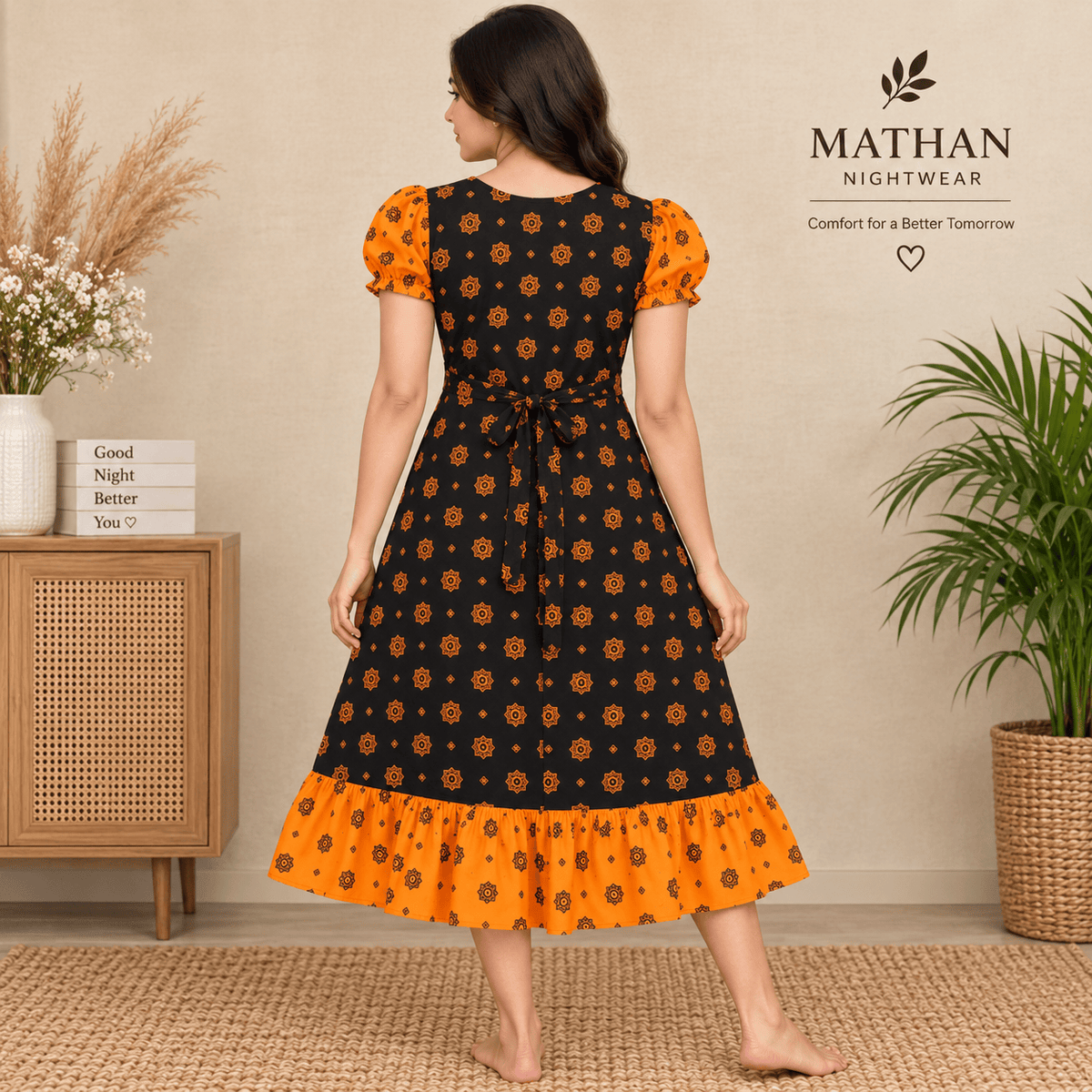 MATHAN Cotton Frock Nighty for Women – Black & Orange Printed Mid-Length Nightwear XL OneZeros