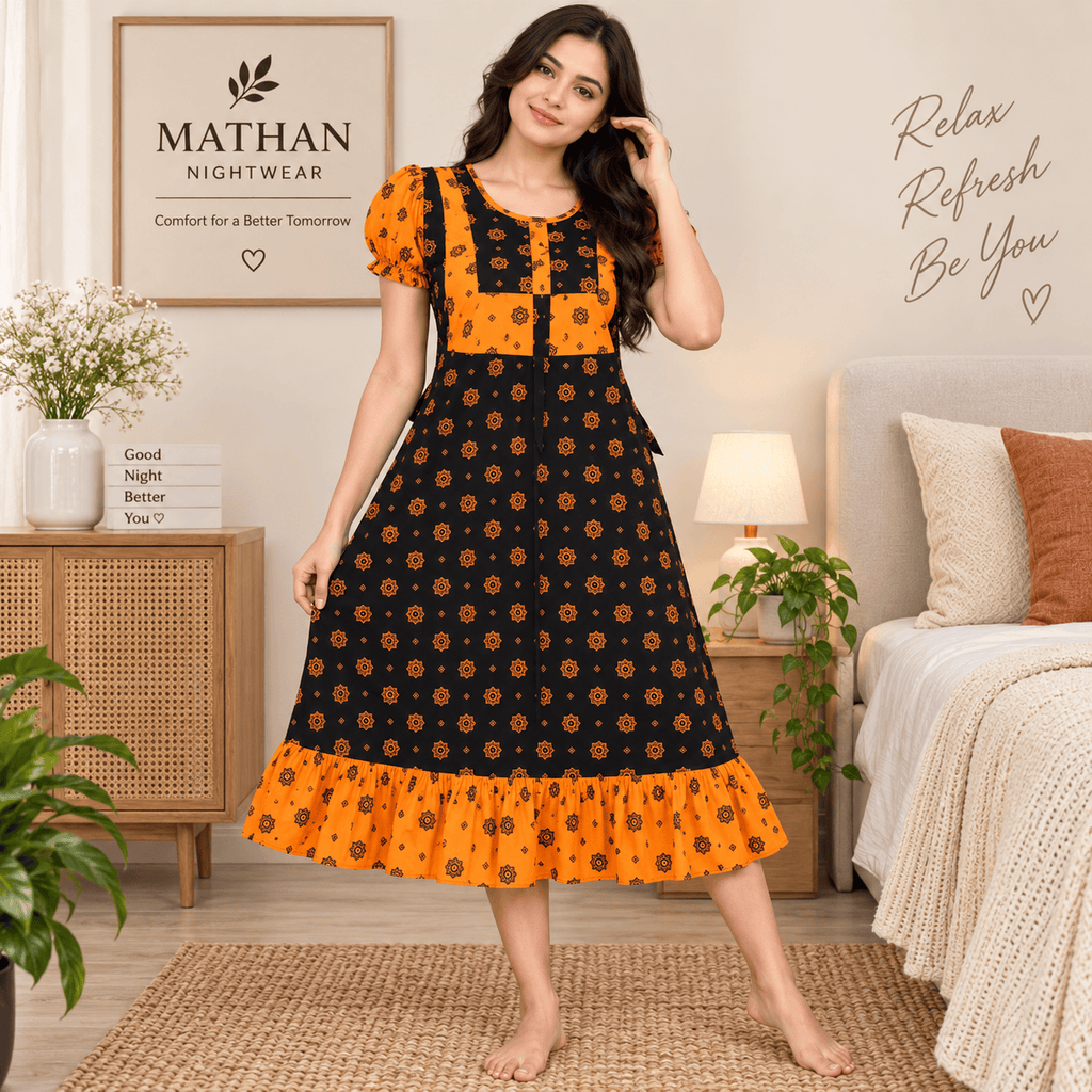 MATHAN Cotton Frock Nighty for Women – Black & Orange Printed Mid-Length Nightwear XL OneZeros