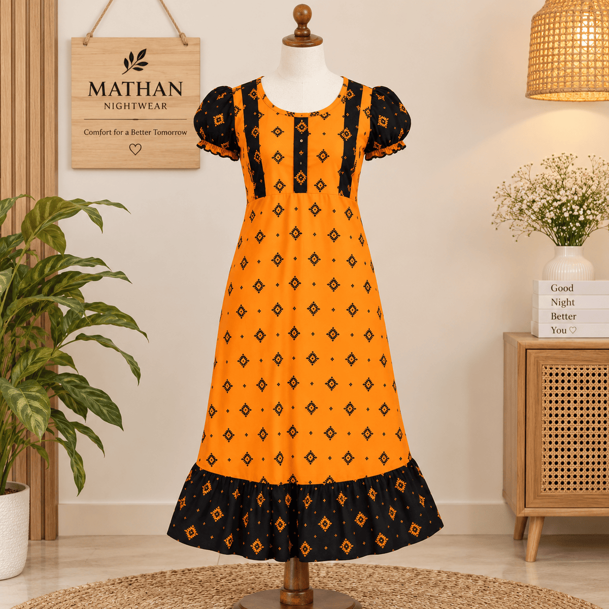 MATHAN Cotton Frock Nighty for Women – Black & Orange Printed Night Dress OneZeros
