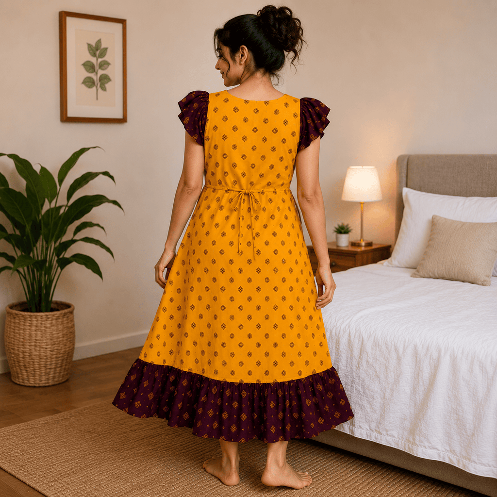MATHAN Cotton Frock Nighty for Women – Mustard Yellow & Maroon XL OneZeros