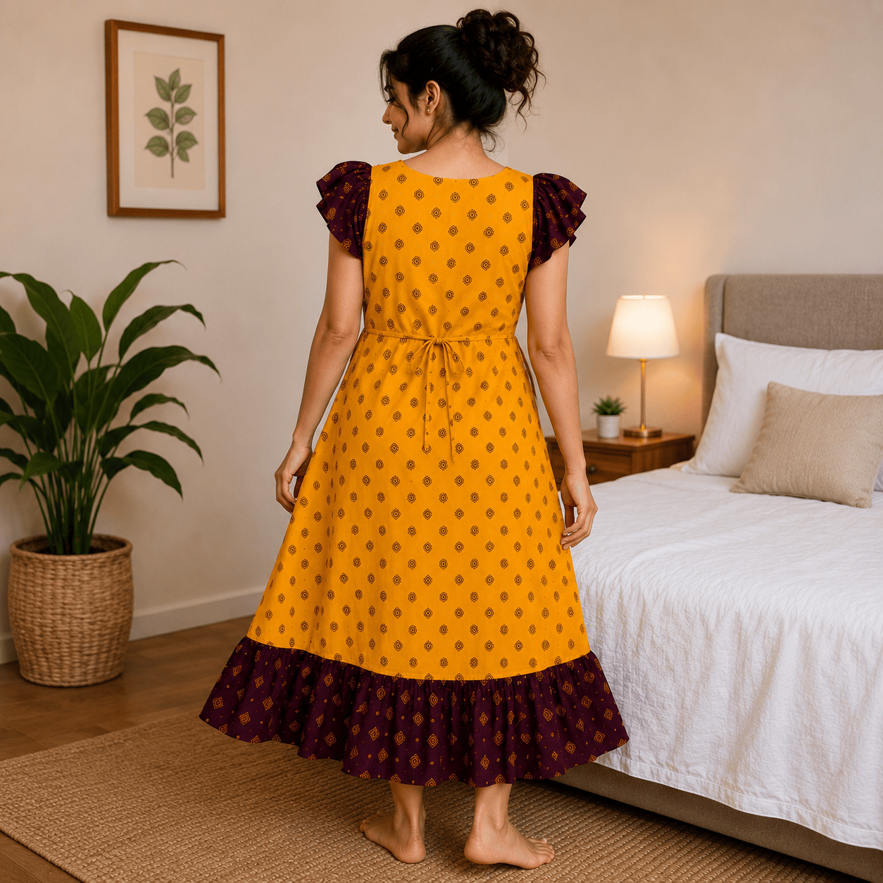 MATHAN Cotton Frock Nighty for Women – Mustard Yellow & Maroon XL OneZeros