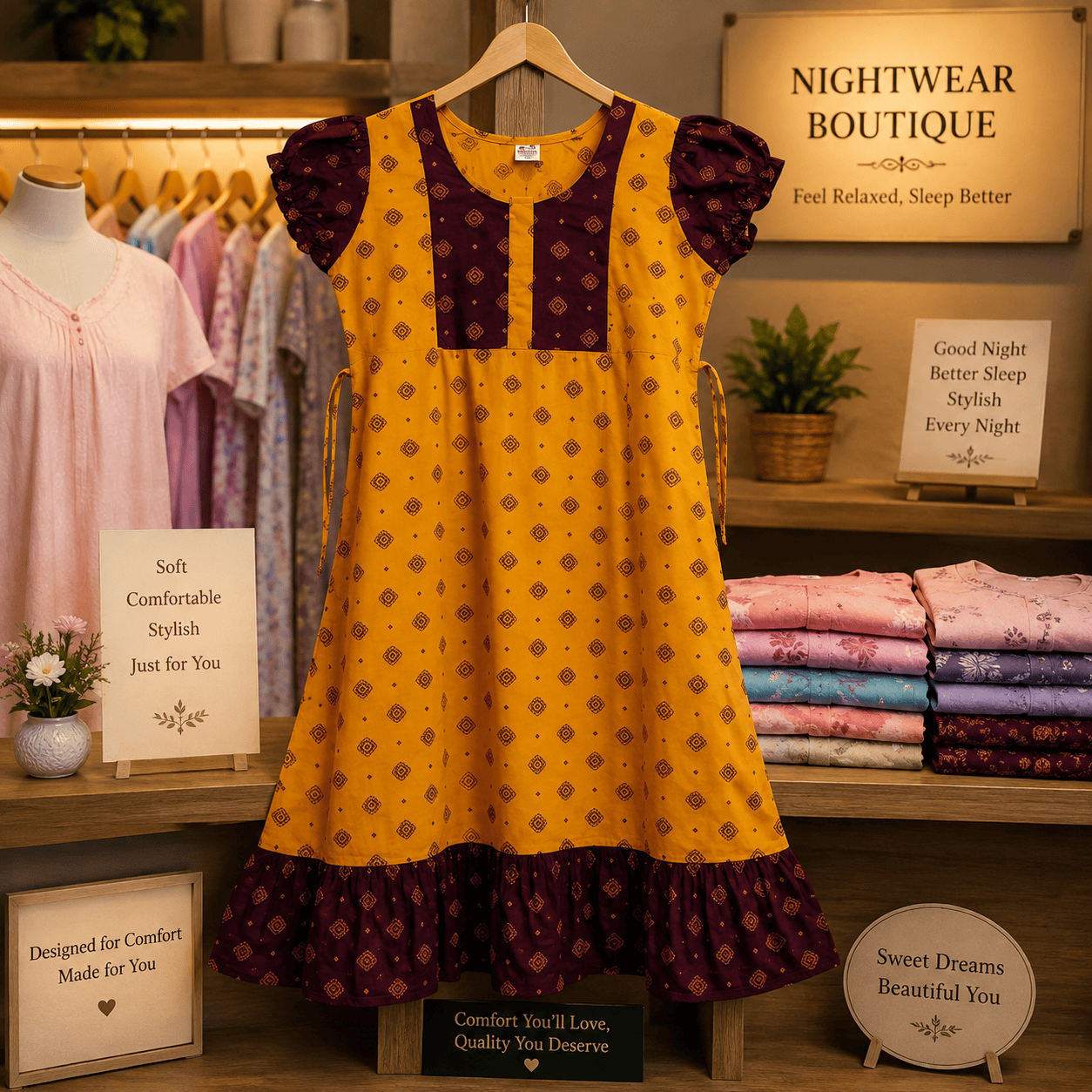 MATHAN Cotton Frock Nighty for Women – Mustard Yellow & Maroon XL OneZeros