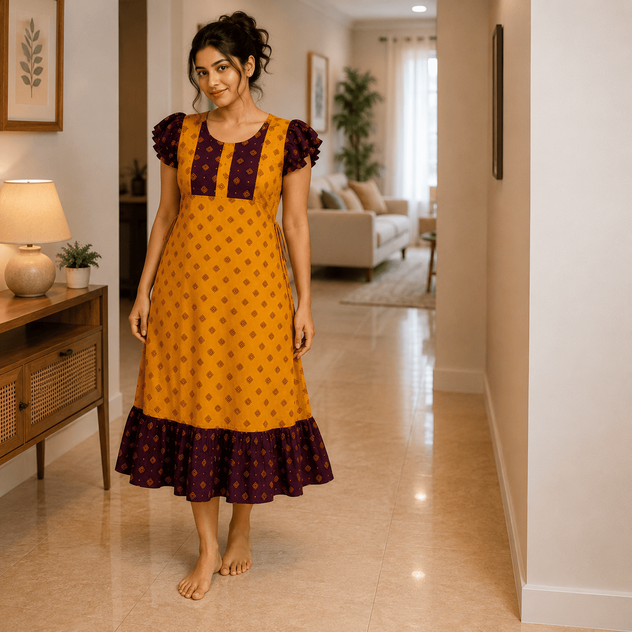 MATHAN Cotton Frock Nighty for Women – Mustard Yellow & Maroon XL OneZeros