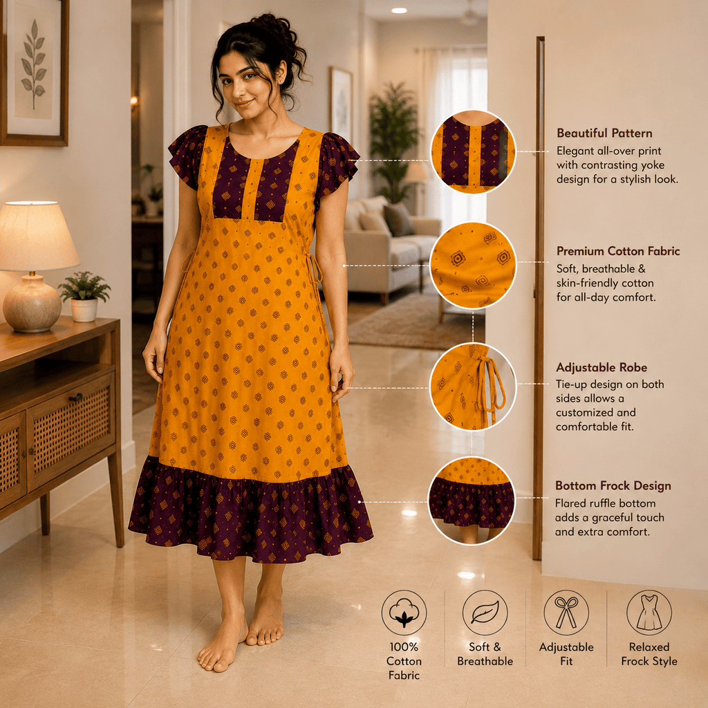 MATHAN Cotton Frock Nighty for Women – Mustard Yellow & Maroon XL OneZeros