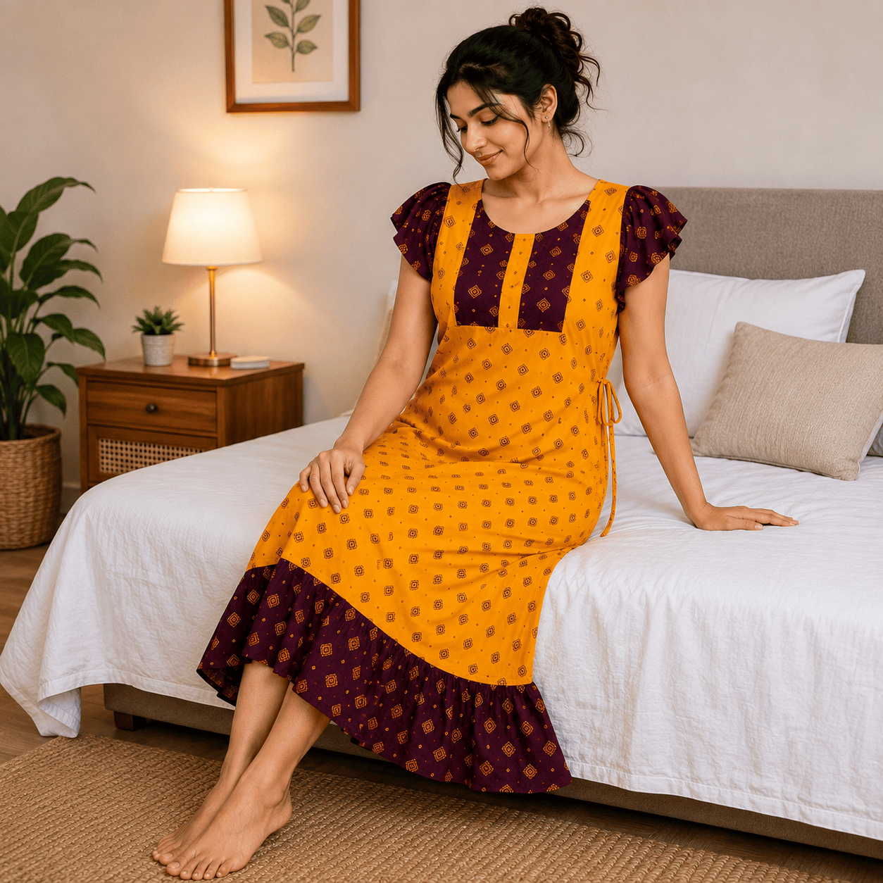 MATHAN Cotton Frock Nighty for Women – Mustard Yellow & Maroon XL OneZeros