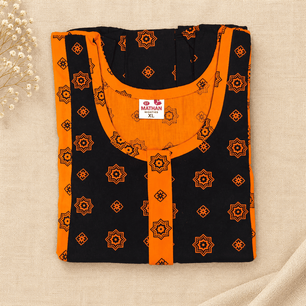 MATHAN Cotton Frock Nighty for Women – Orange & Black Printed Nightwear XL OneZeros