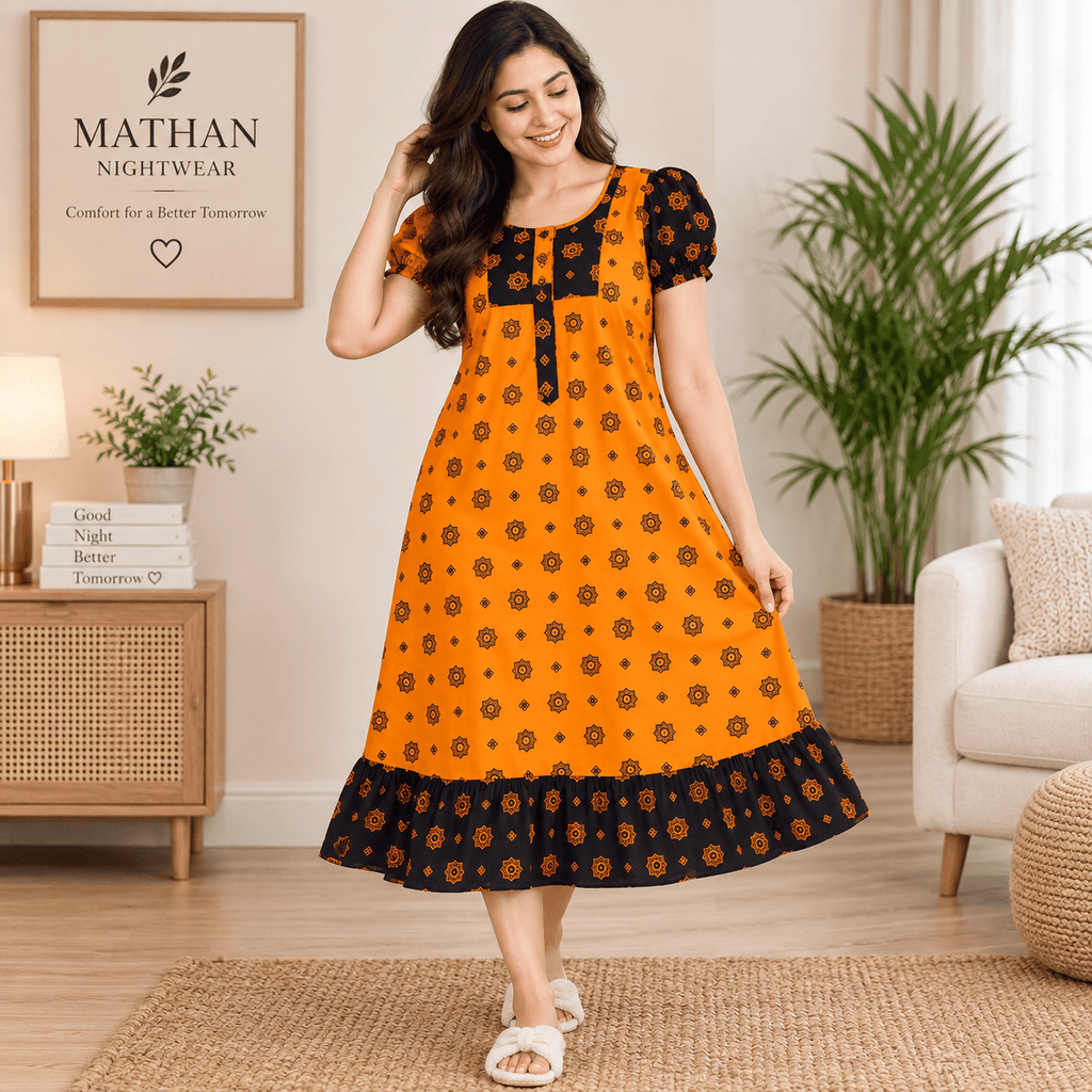 MATHAN Cotton Frock Nighty for Women – Orange & Black Printed Nightwear XL OneZeros