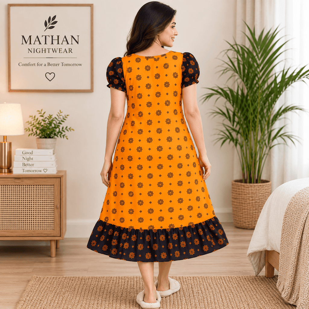 MATHAN Cotton Frock Nighty for Women – Orange & Black Printed Nightwear XL OneZeros