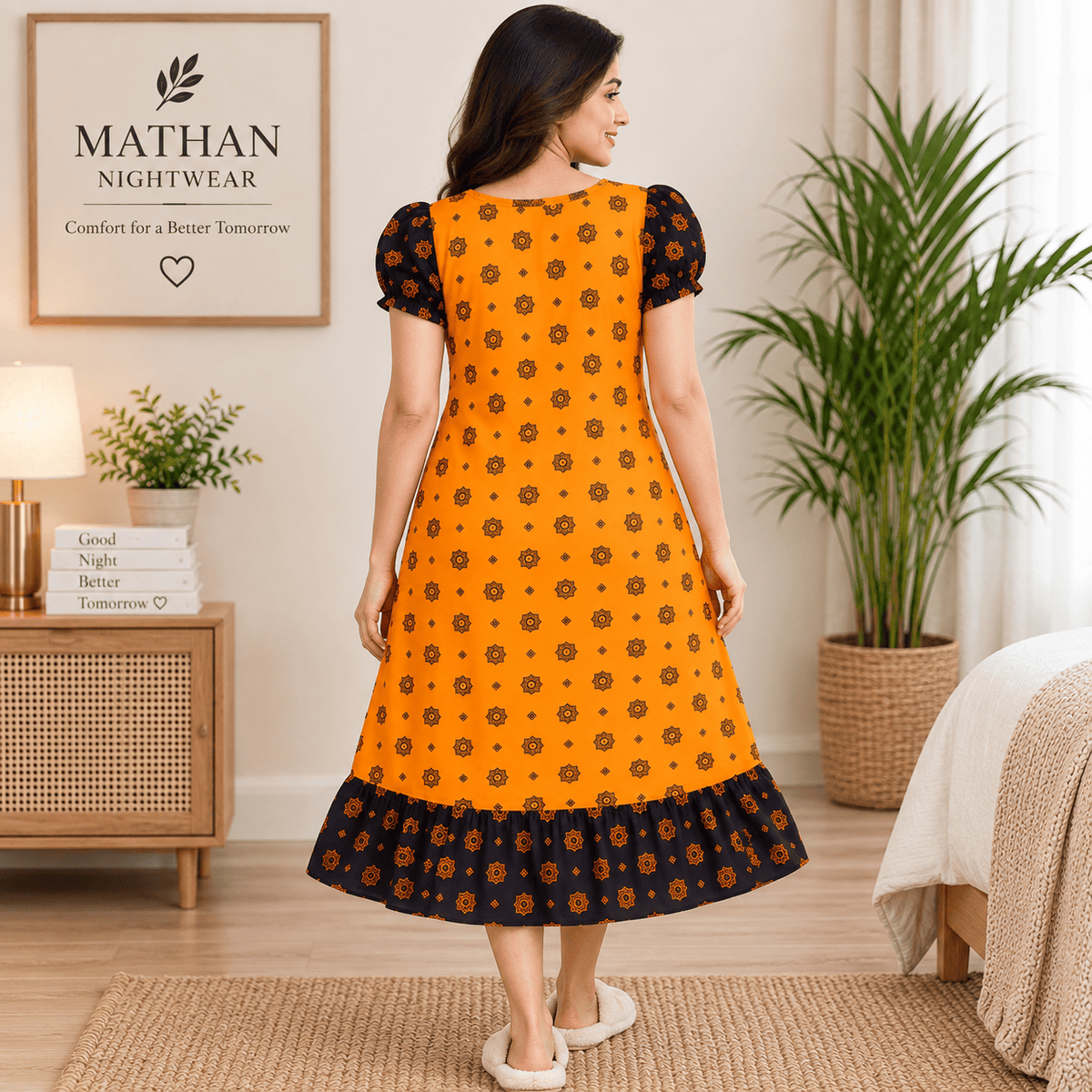 MATHAN Cotton Frock Nighty for Women – Orange & Black Printed Nightwear XL OneZeros