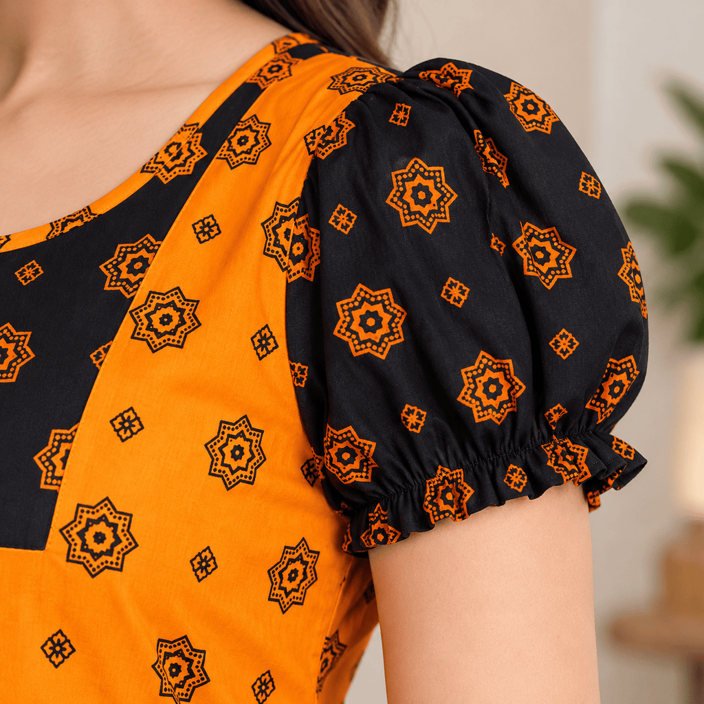 MATHAN Cotton Frock Nighty for Women – Orange & Black Printed Nightwear XL OneZeros