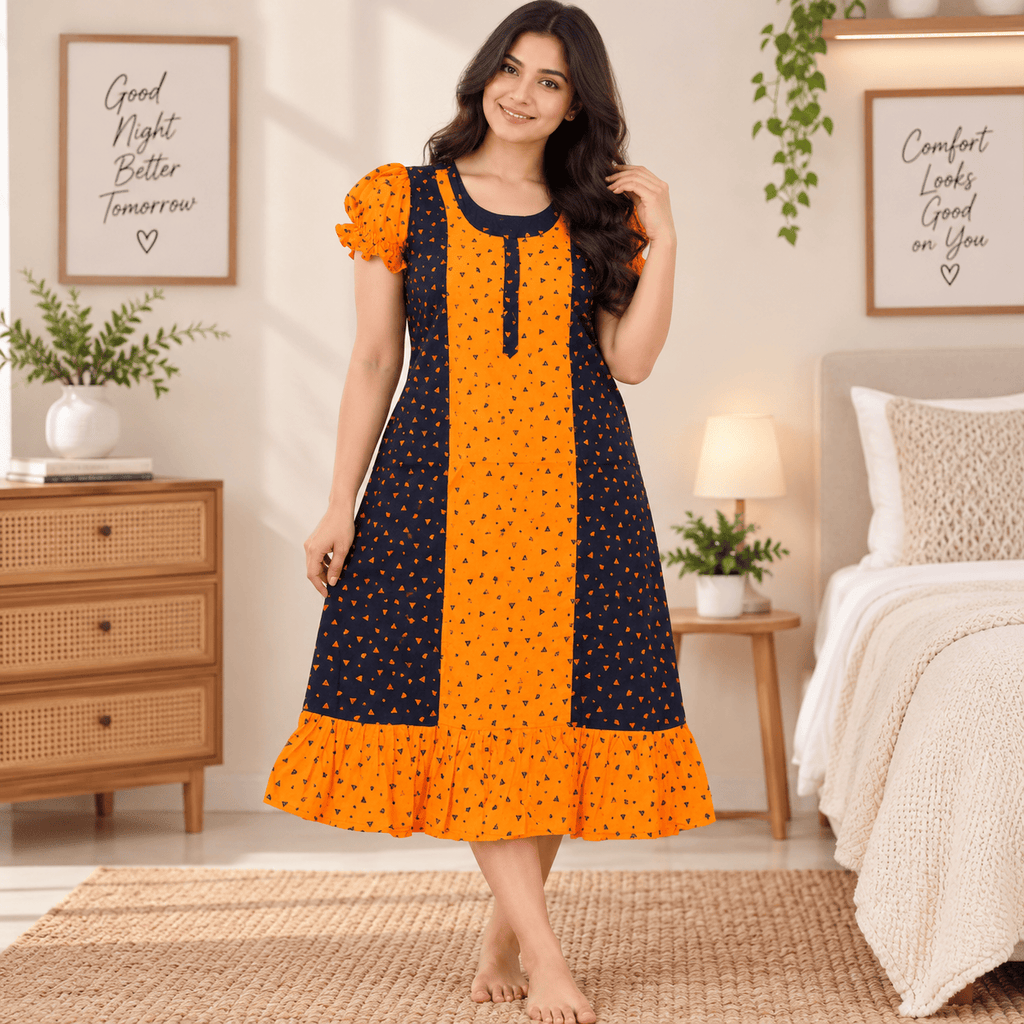 MATHAN Cotton Frock Nighty for Women – Orange & Navy Printed Nightwear OneZeros