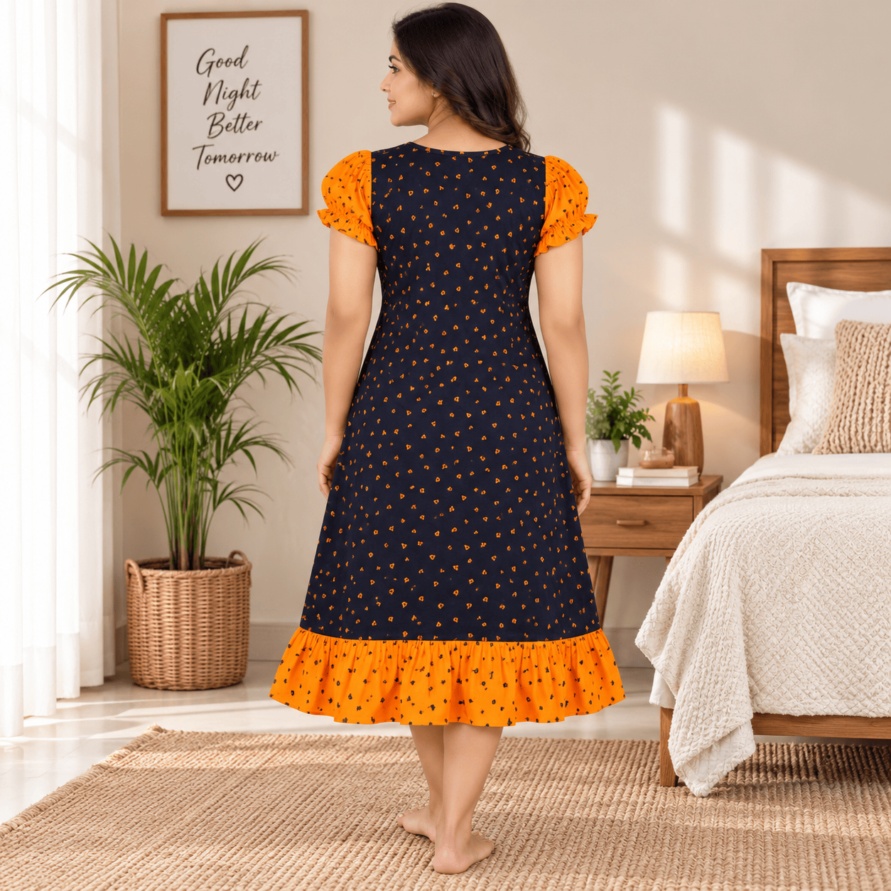 MATHAN Cotton Frock Nighty for Women – Orange & Navy Printed Nightwear OneZeros