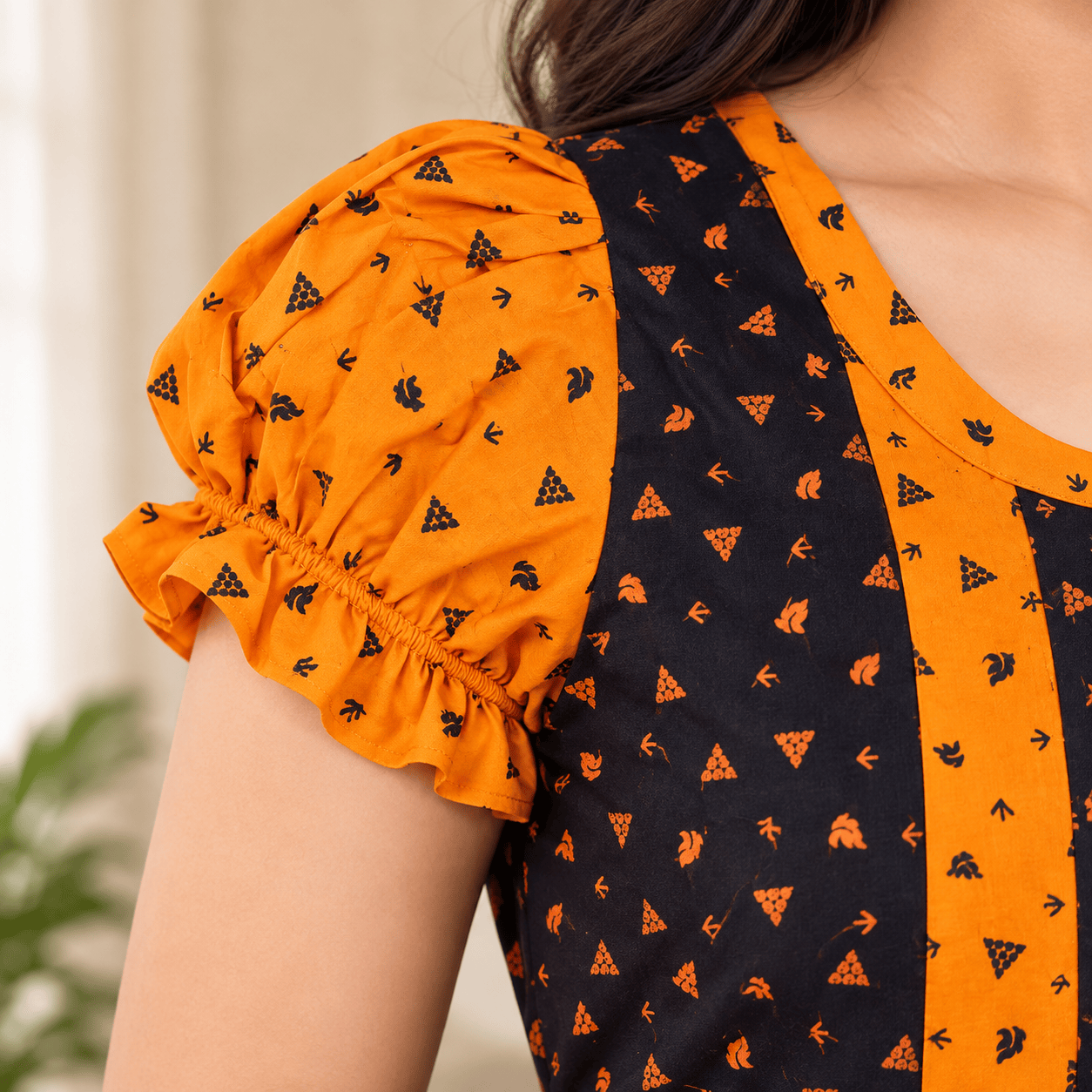MATHAN Cotton Frock Nighty for Women – Orange & Navy Printed Nightwear OneZeros