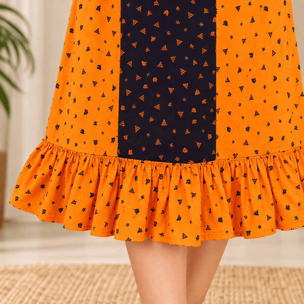 MATHAN Cotton Frock Nighty for Women – Orange & Navy Printed Nightwear OneZeros
